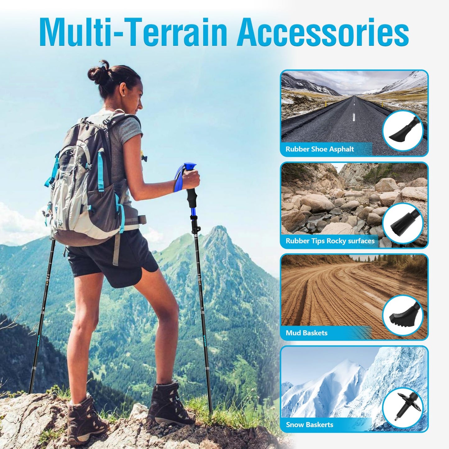 Anykuu hiking poles 2PCS adjustable 110-130cm walking sticks 7075 aluminum ultralight trekking poles with 6 pairs of accessories hiking poles for all terrain walking poles for hiking skiing.