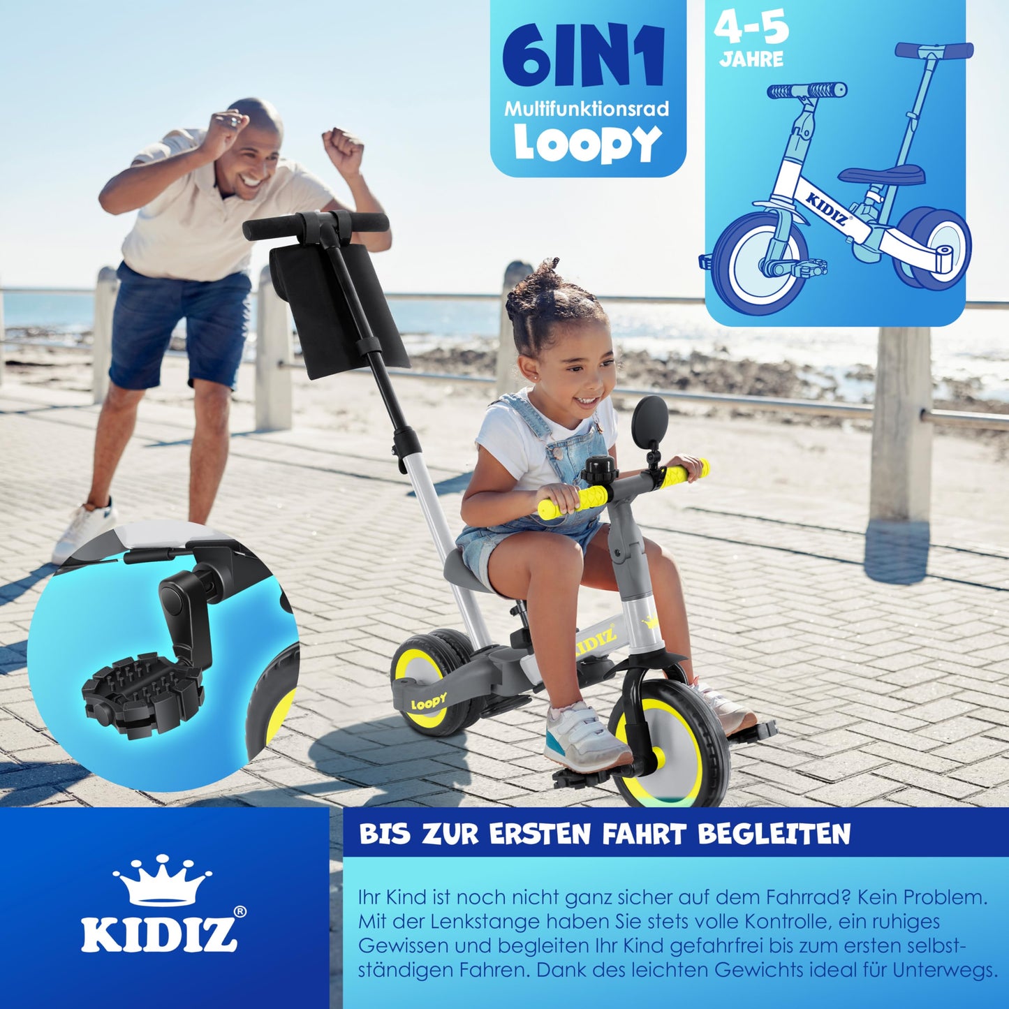 KIDIZ® 6in1 Balance Bike Tricycle | Suitable for children from 1 to 5 years | Supports up to 25kg | Includes handlebar, safety bar, seatbelt, bell, and mirror | Grey color