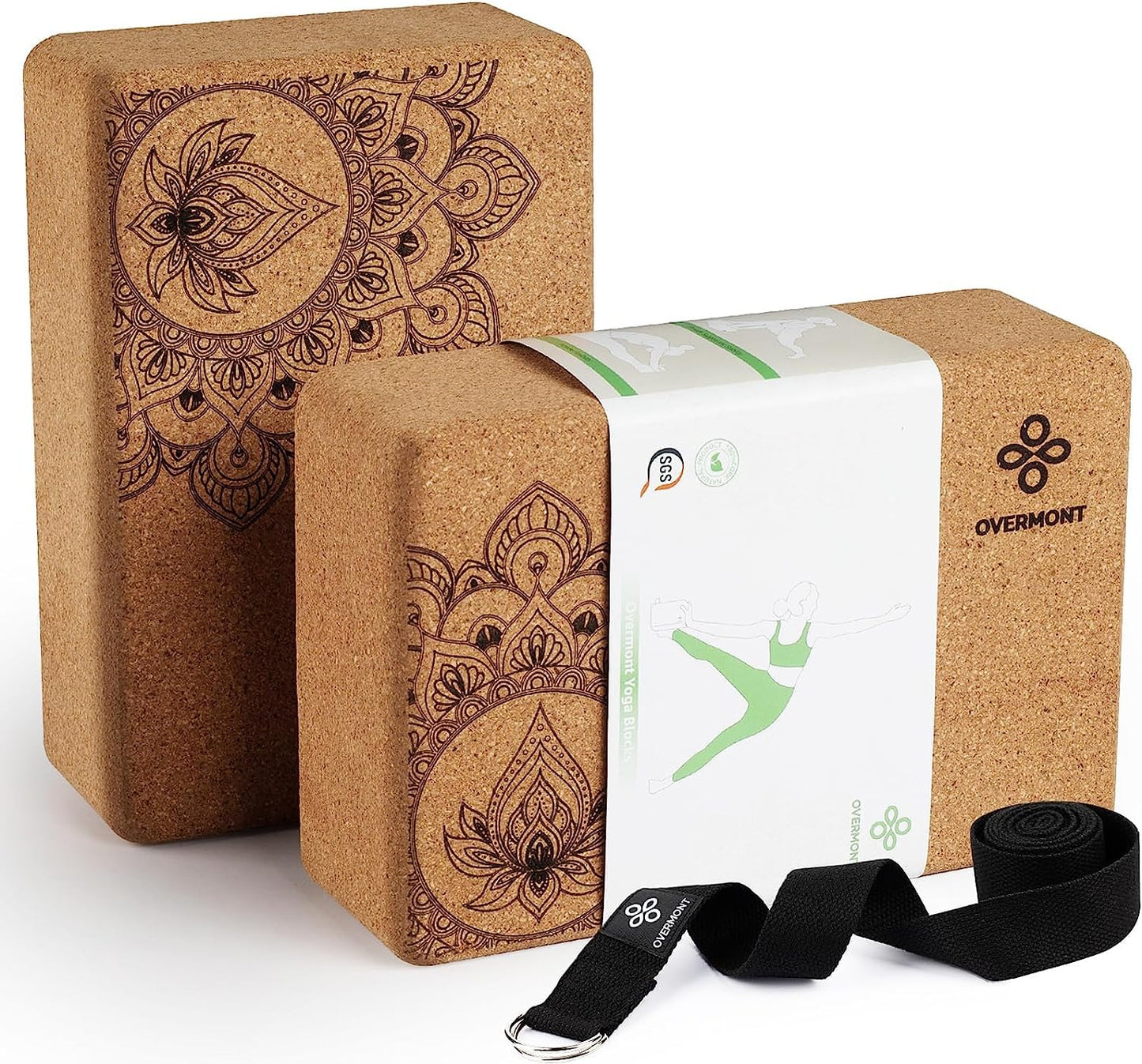 Overmont Yoga Blocks Cork 2 Pack Yoga Block with Yoga Strap - Cork Block for Fitness, Pilates, Stretching, and Meditation.