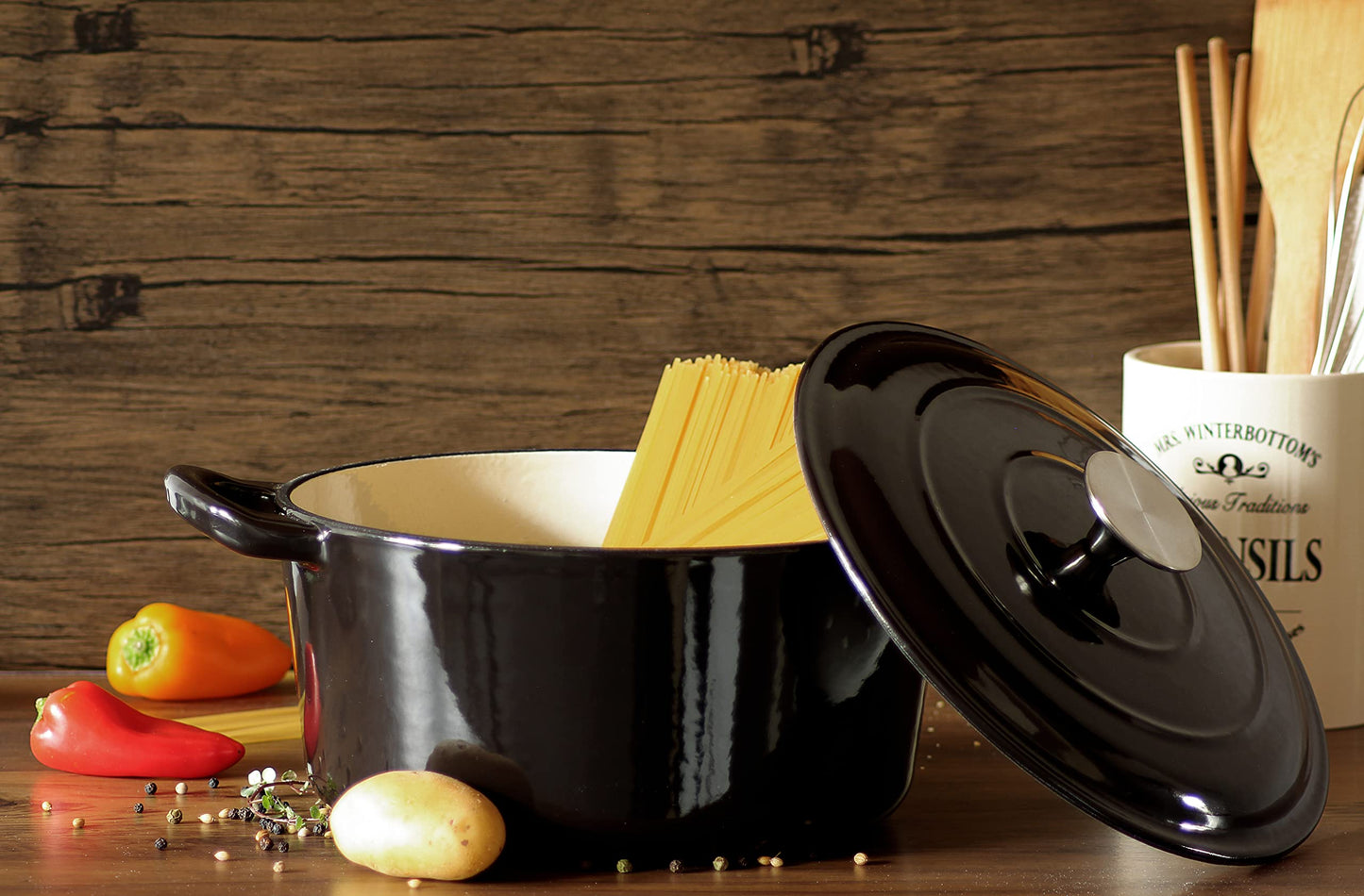 Real Work Dutch oven made of cast iron with enamel coating, cast iron pot, roaster with lid, round bread baking pot, suitable for ovens, grills, BBQs and induction, black, 3.5 L, Ø 22.5 cm, Large
