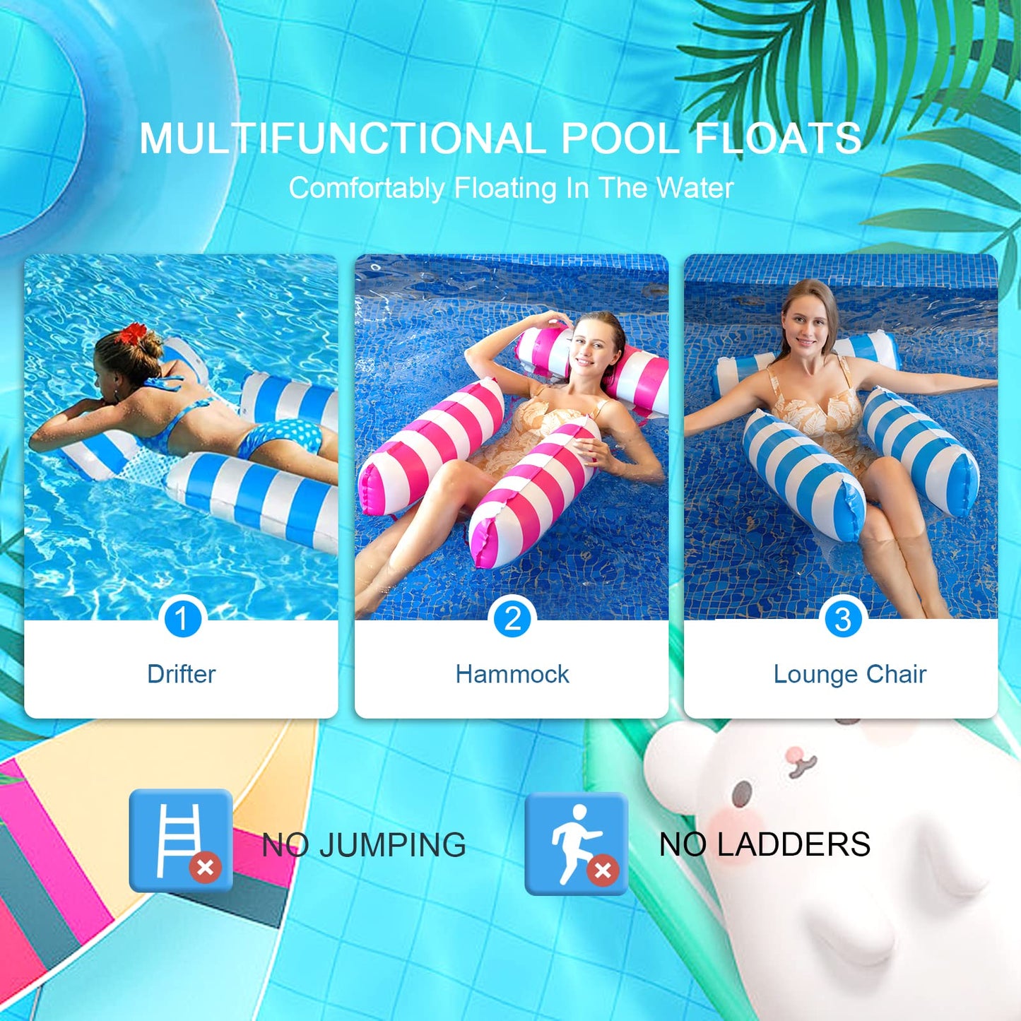 Inflatable pool water hammock for adults with net accessory. Fun swim seat hammock inflatable toy for 2 people. Perfect for ocean, beach, or lake.