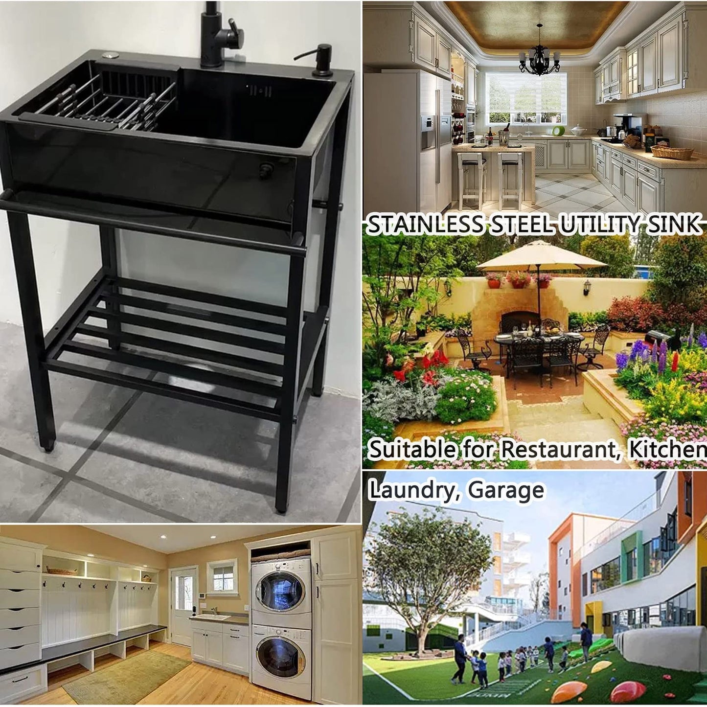 Stainless Steel Standalone Kitchen Sink in Black, with Drainboard for Kitchen Utensils. Great for Kitchen Organization and Storage. Size: 60"
