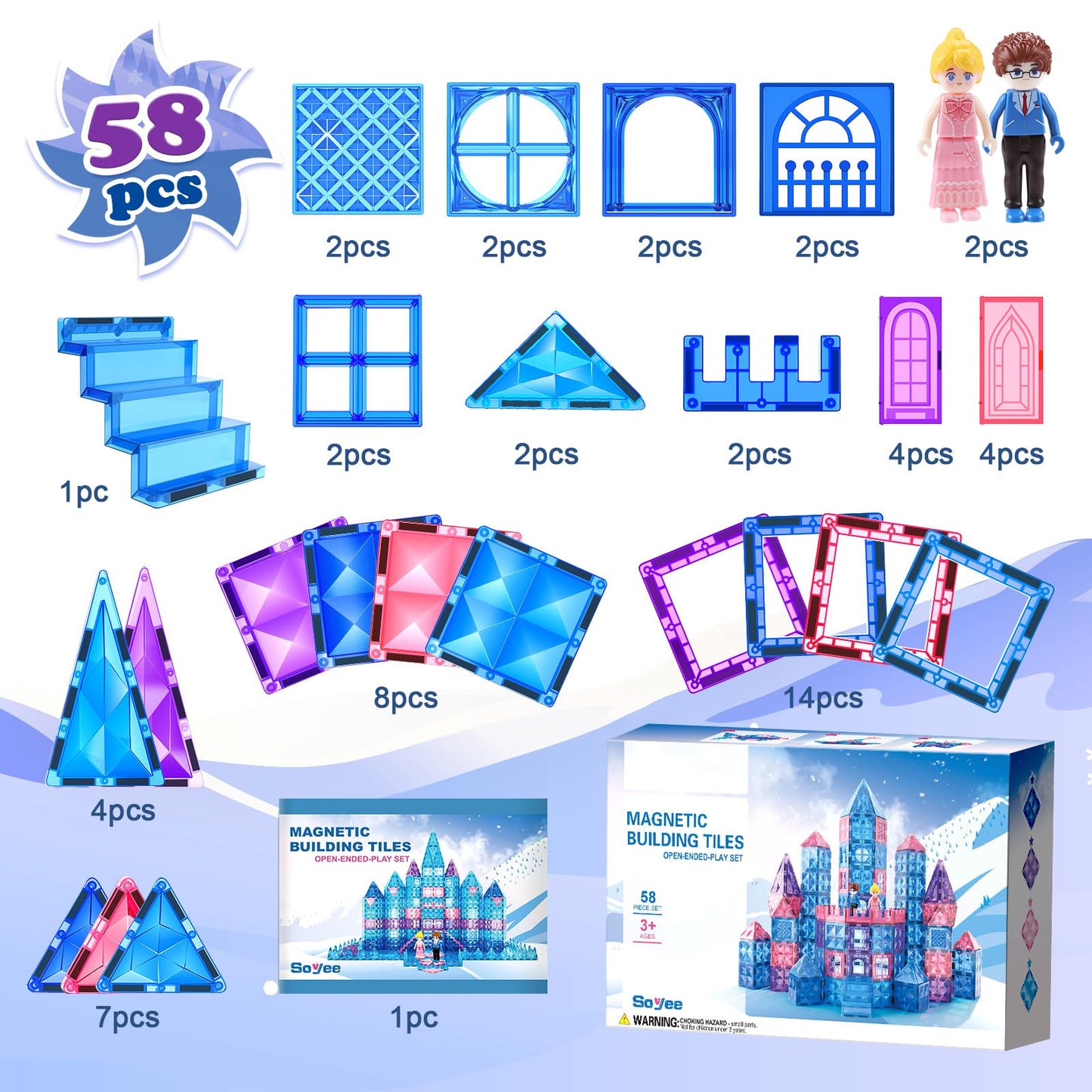 Magnetic building blocks 58 pieces magnet blocks magnetic toys kids toy magnet stones boys and girls STEM sensory toy for ages 3, 4, 5, 6, 7, 8+ years birthday