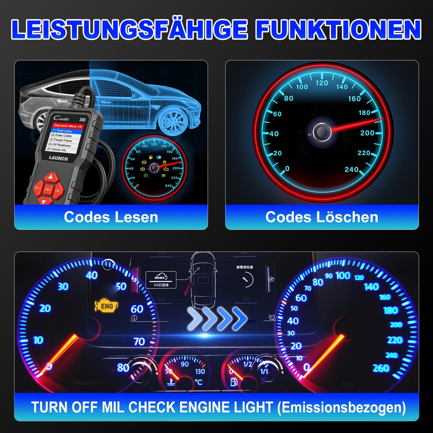 OBD2 diagnostic device for car LAUNCH CR300 Scanner for all vehicles, European diagnostic scan tool after 2000, A car diagnostic device in German for BMW VW Mercedes Audi All OBDII vehicles.