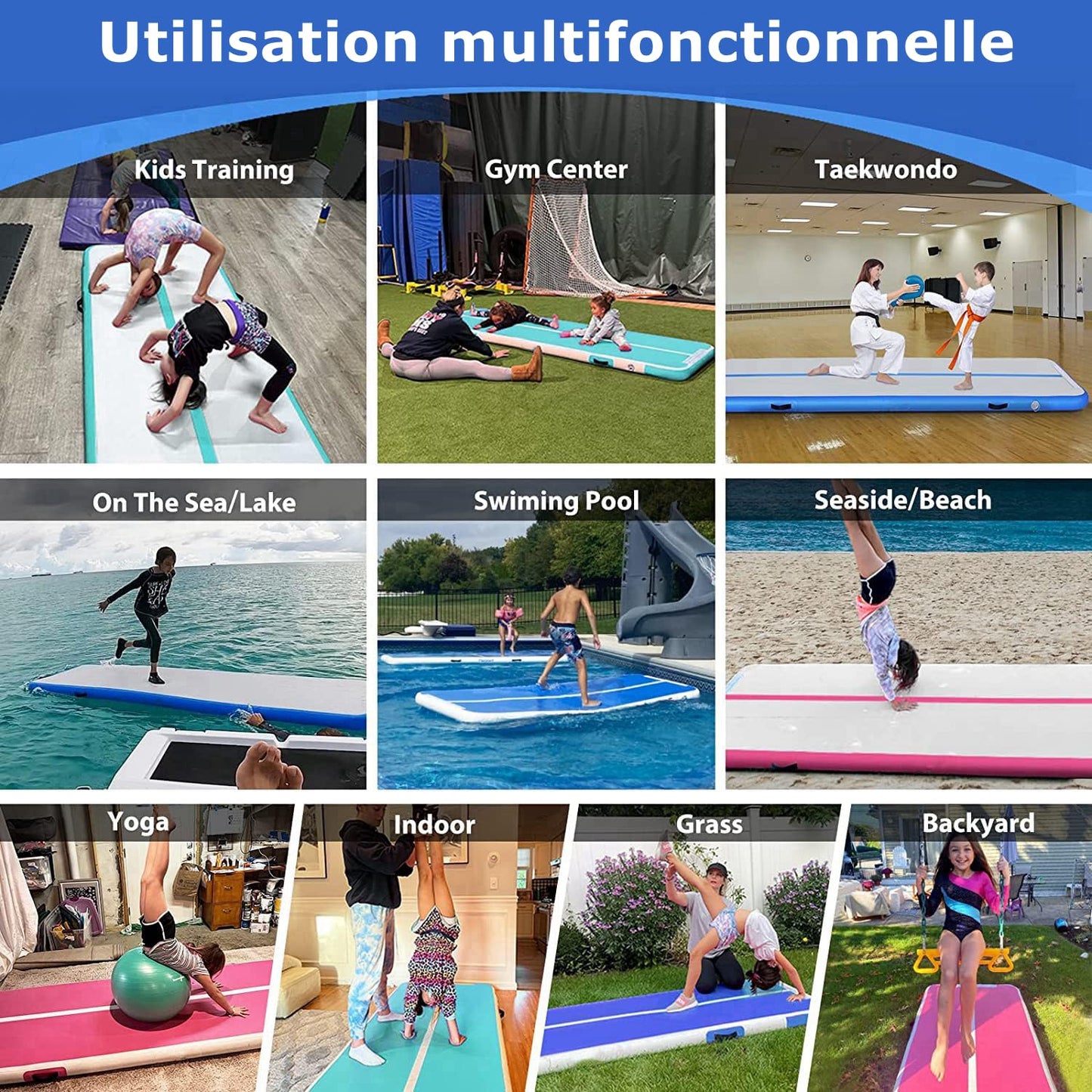 MEKETUM Air Tracking Mat Gymnastics Tumbling Mat 3m 4m 5m 6m Inflatable Gymnastics Sport Tumbling Mats 10/20cm high (Blue, 4m10)