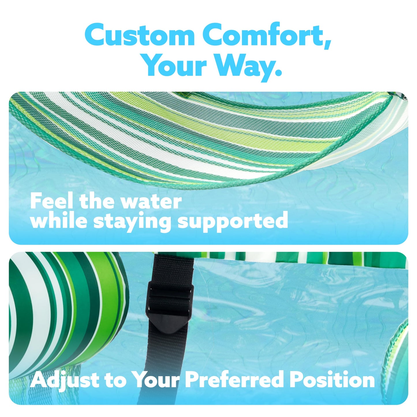 SLOOSH Inflatable Adult Pool Float, 2-Pack Floating Pool Rafts, Adult Inflatable Pool Noodles, Swim Chair for Parties, Summer, Water, Beach, Glow-in-the-Dark Stripes, Green, Blue
