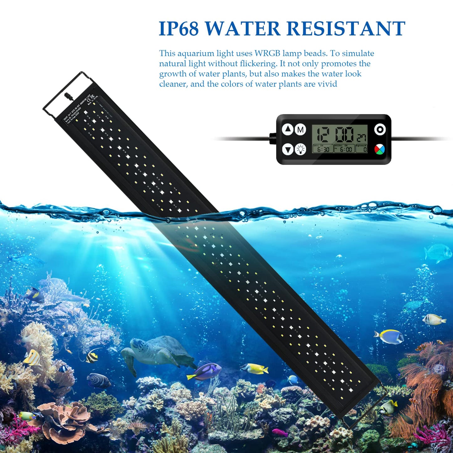 Aquarium LED lighting, 24/7 mode Dimmable 36W 2778 lumens aquarium light with timer for 90cm fish tank with adjustable bracket.