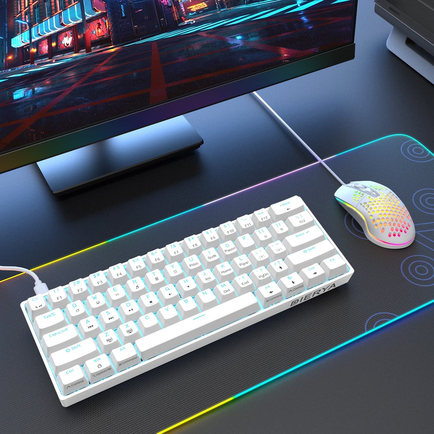 Dierya DK61se Gaming Keyboard, 60% Mechanical Keyboard with Red Linear Switch, Ultra-Compact Mini 61 Keys Anti-Ghosting, Typ-C Data Cable, US Layout for PC Windows Gamer Typist, White