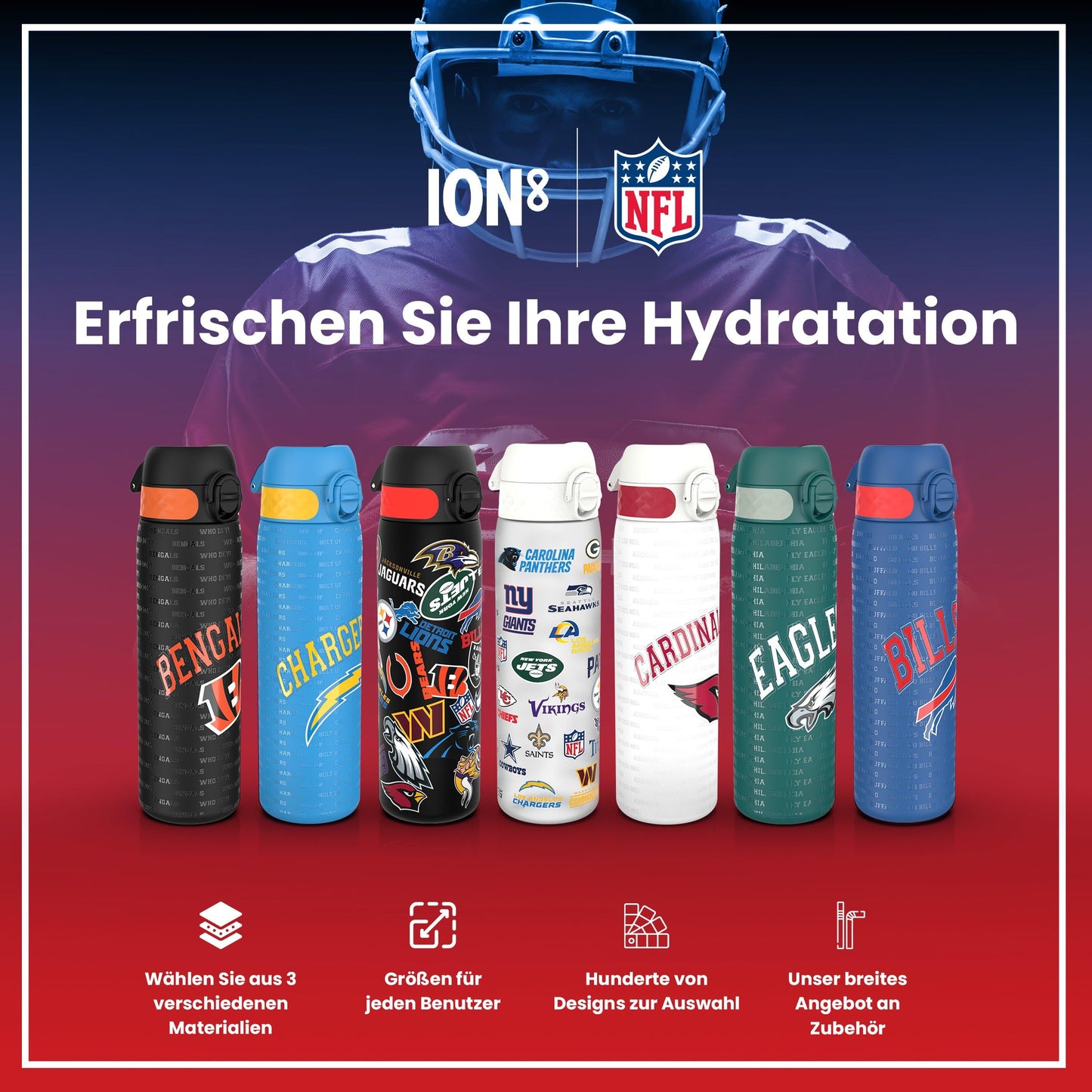 ion8 NFL E 49ers Lightweight Stainless Steel Water Bottle, 600ml/20oz, non-insulated, leakproof, easy to open, secure seal, dishwasher safe, flip lid, fits in cup holders.