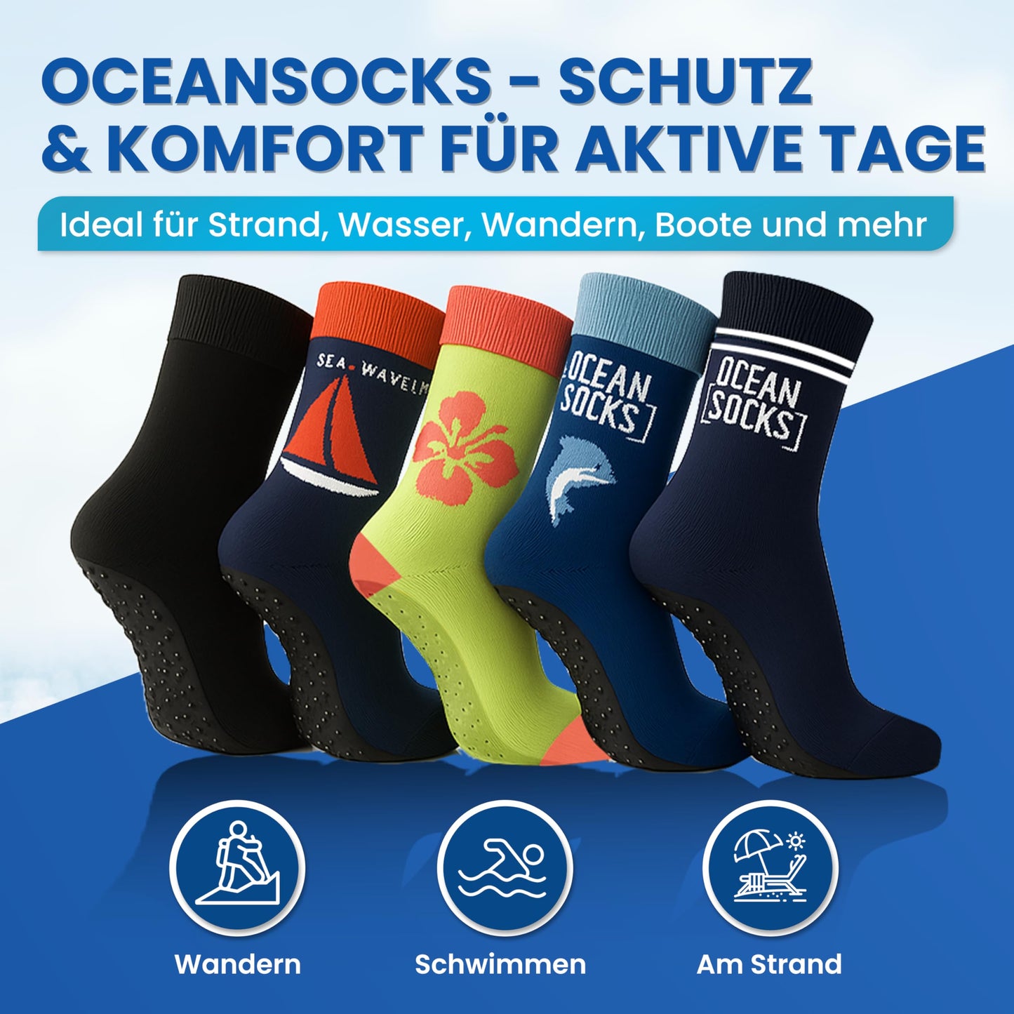 OceanSocks beach socks - barefoot socks with sole for beach, water, mudflat, boat & trampoline - aqua shoes for women, men & children.