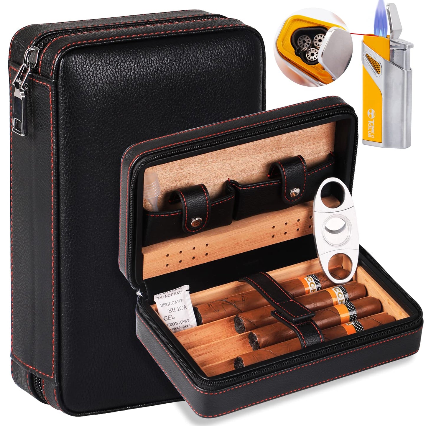 4-finger portable travel leather cigar case, cigar cutter, cigar humidifier with cigar cutter and humidifier, best man gift, birthday gift.