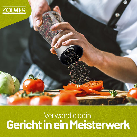 Zolmer® Salt and Pepper Mill with Bamboo Stand - Spice Mill Set of 2 made of Stainless Steel & Glass - Ceramic Grinder, adjustable, refillable & stylish for any kitchen.