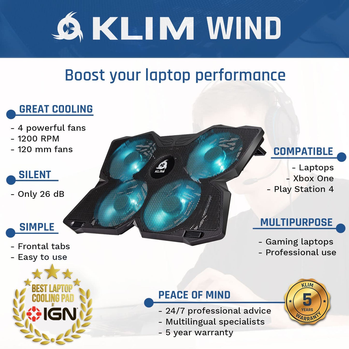 KLIM Wind Laptop Cooler - Over 500,000 units sold - NEW - Laptop Cooling Pad - USB Powered - Stable and quiet - 4 fans - Laptop Cooler For PC, Mac, Xbox, PS4 - 15-17 inch - Blue