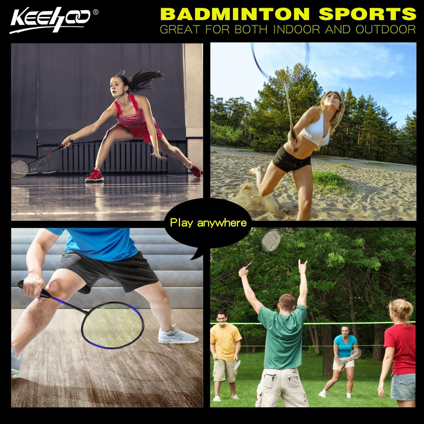KH Badminton racket set for 2-4 players, for adults and kids, perfect for family backyard sport games. Includes rackets, shuttlecocks, and carrying case.