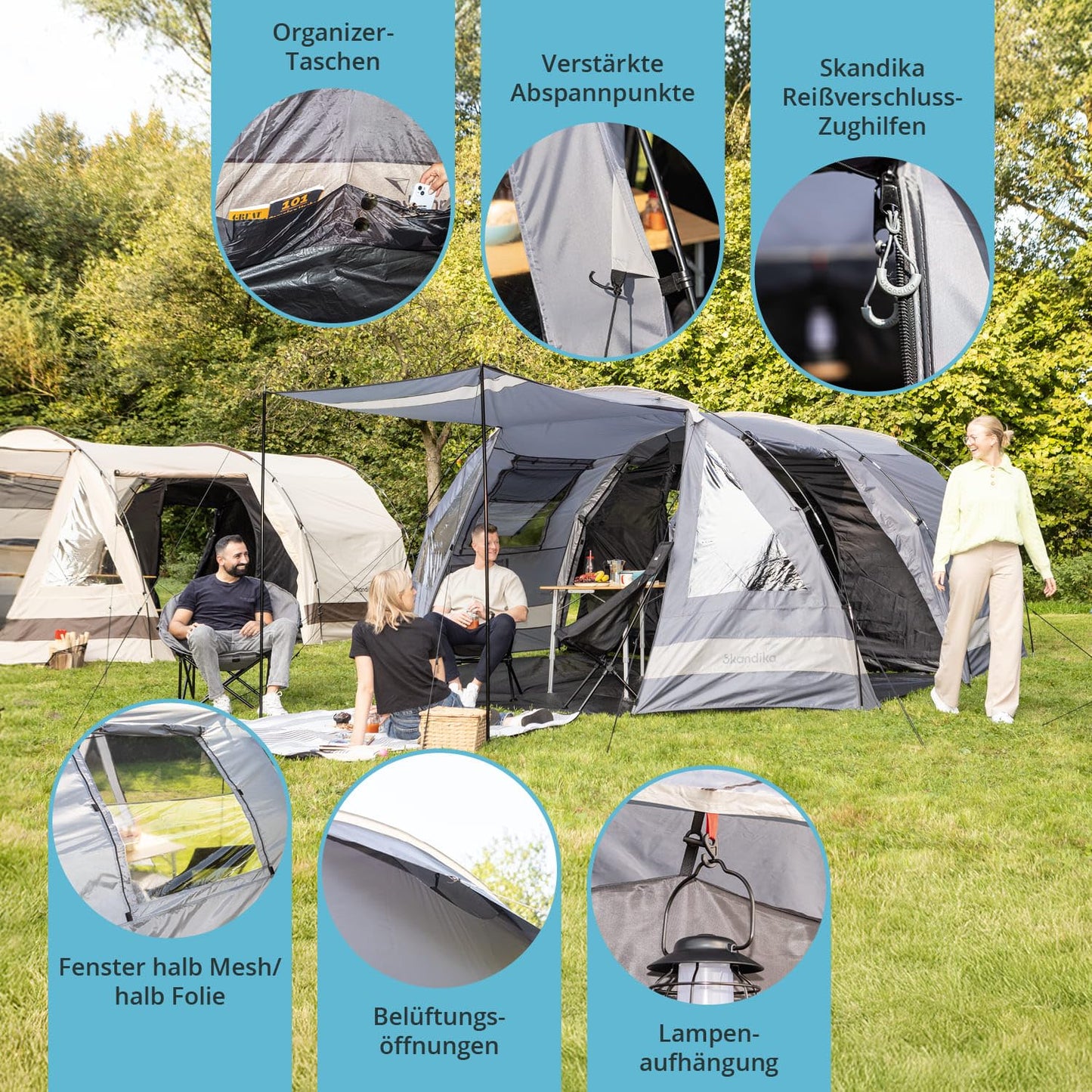 Skandika Kambo tunnel tent for 4 people | tent with sleeping cabin for 4 men, waterproof with 3000mm water column, 3 entrances, sunshade, awning | camping tent in grey/beige