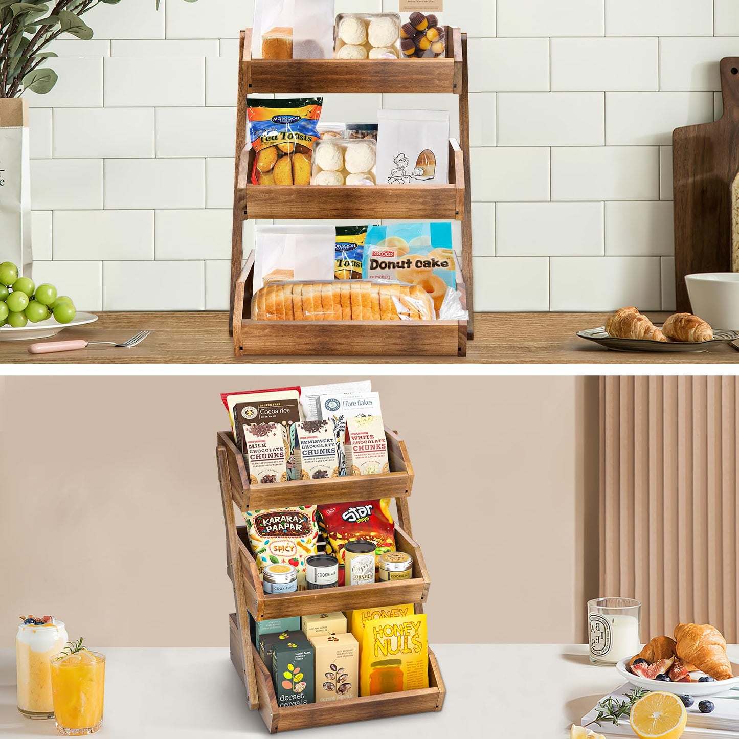 CALM COZY 3-tier Fruit Basket Wood, Decorative Fruit Basket Organizer, Vegetable Bread Storage Holder for Countertop Kitchen