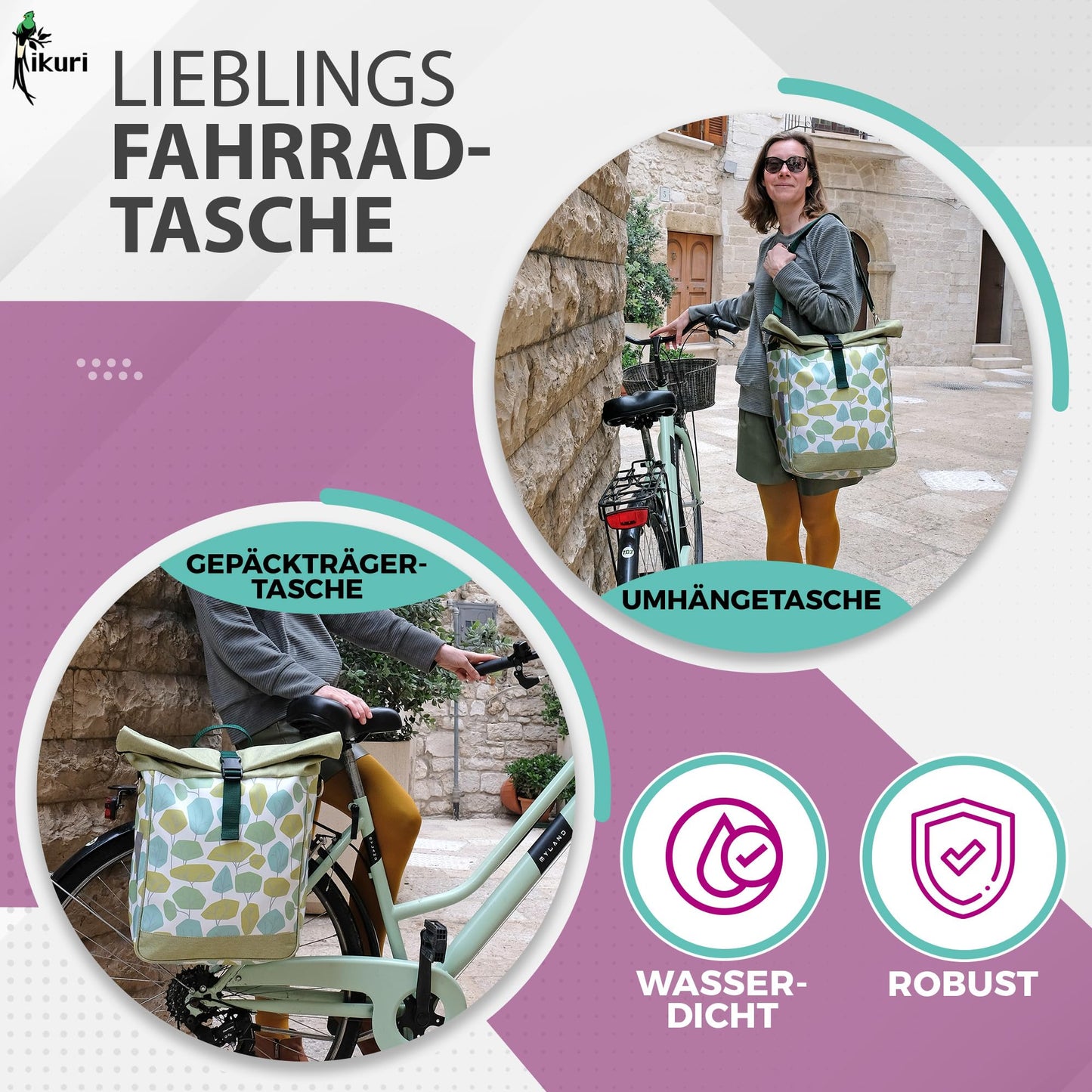 Ikuri single-sided bicycle bag for luggage rack saddle bag single bag pack bag, detachable, with shoulder strap for crossbody, made of tarpaulin, women's, waterproof - Bosque model