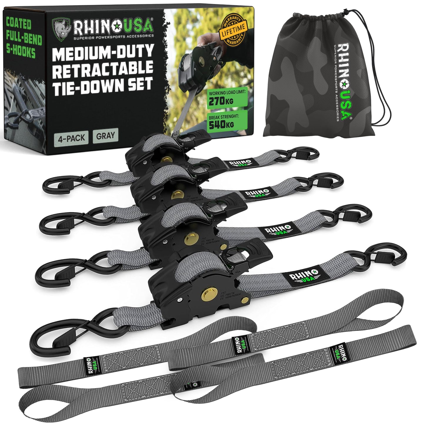 Rhino USA Self-Retracting Ratchet Straps (4-Pack) - 1" x 10' (1,200 lbs Breaking Strength) - Heavy Duty Automatic Ratchet Straps for Trucks, Trailers, Motorcycle, Bike & More - Gray