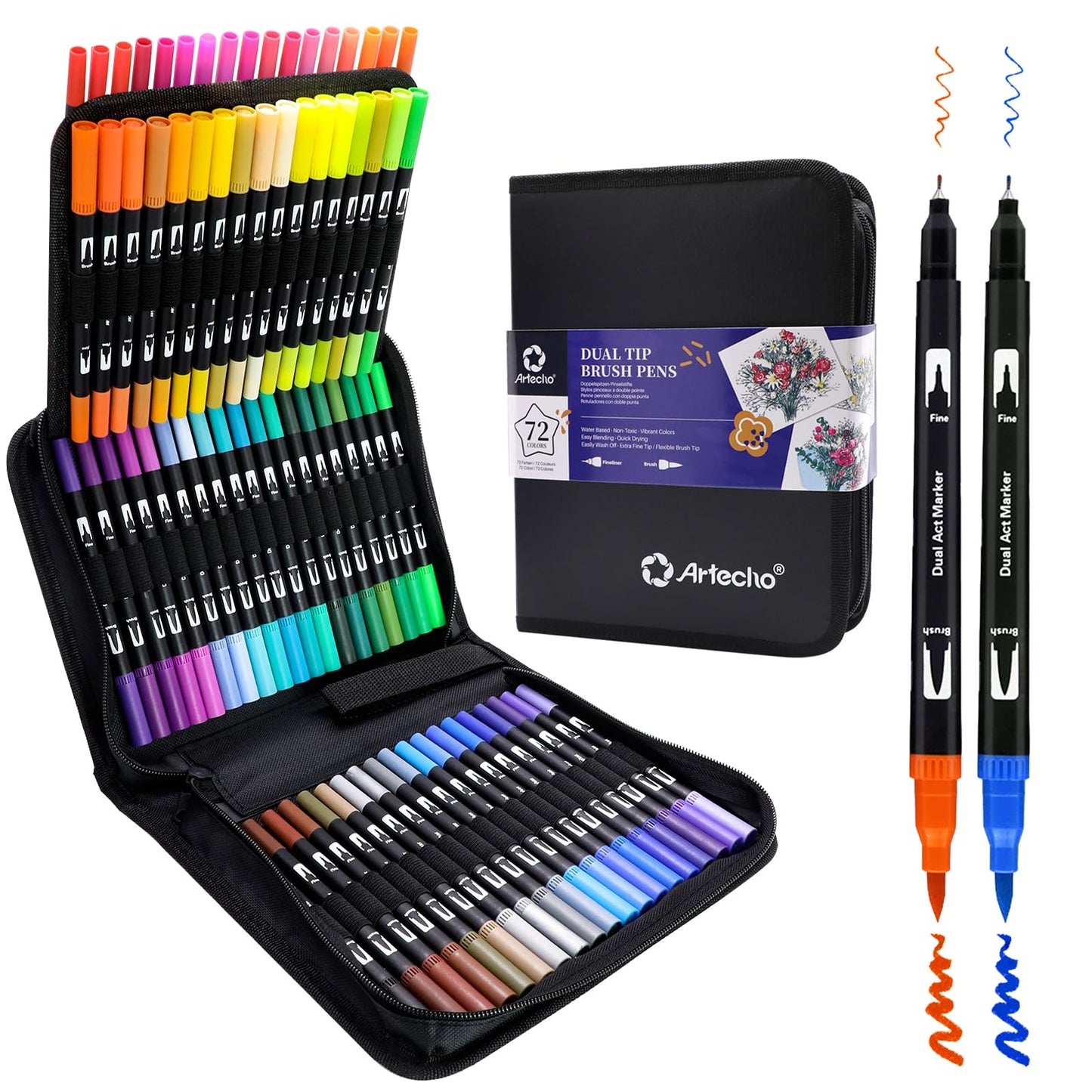 Artecho Dual Brush Pen Set 72 Colors with Black Carrying Case, Felt Tip Pens Thick and Thin, Brush Pens Set, Pens for Bullet Journal, Calligraphy, Manga, Coloring Books, and Hand Lettering.