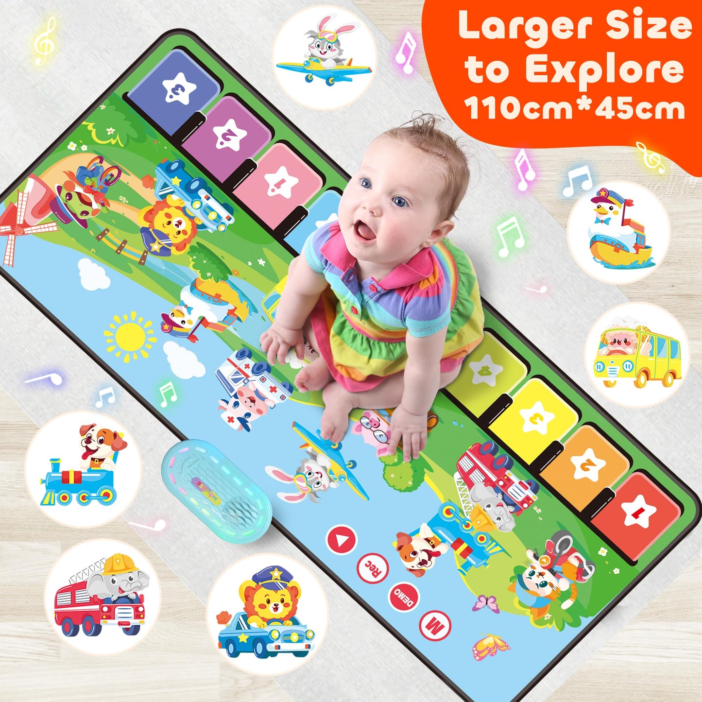 MOMUSE Baby Toy for 1+ year olds with 80 sounds, Large music mat featuring 10 animals & 10 vehicles, Piano mat with soft lights, 10+ volume levels, Gifts for boys girls 1 2 3 (110cm*45cm)