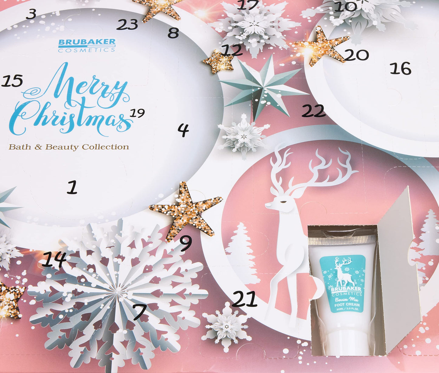 BRUBAKER Cosmetics Beauty Advent Calendar 2025 - the XXL wellness Christmas calendar for women and girls - 24 x body care products & spa accessories - stars and snowflakes in pink.