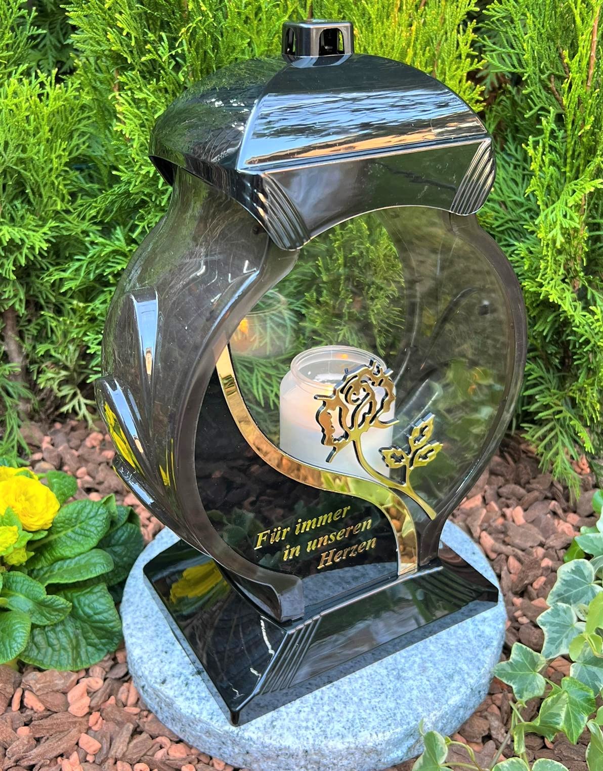Grave lamp lantern with inscription "Forever in our hearts", 34 cm H - Grave lamp candle grave candle grave decoration including candle.