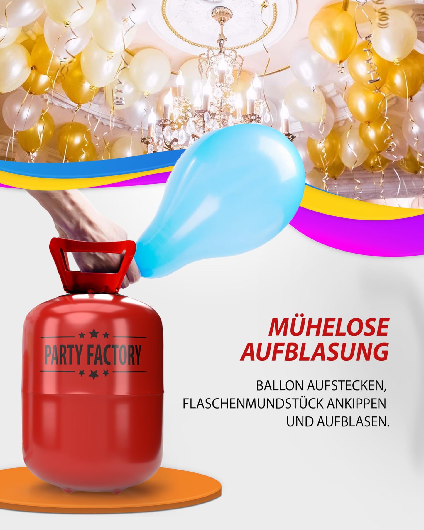 Party Factory helium gas for 30 balloons, helium gas cylinder with gas for latex, foil, and LED balloons, perfect for wedding, birthday, corporate event.