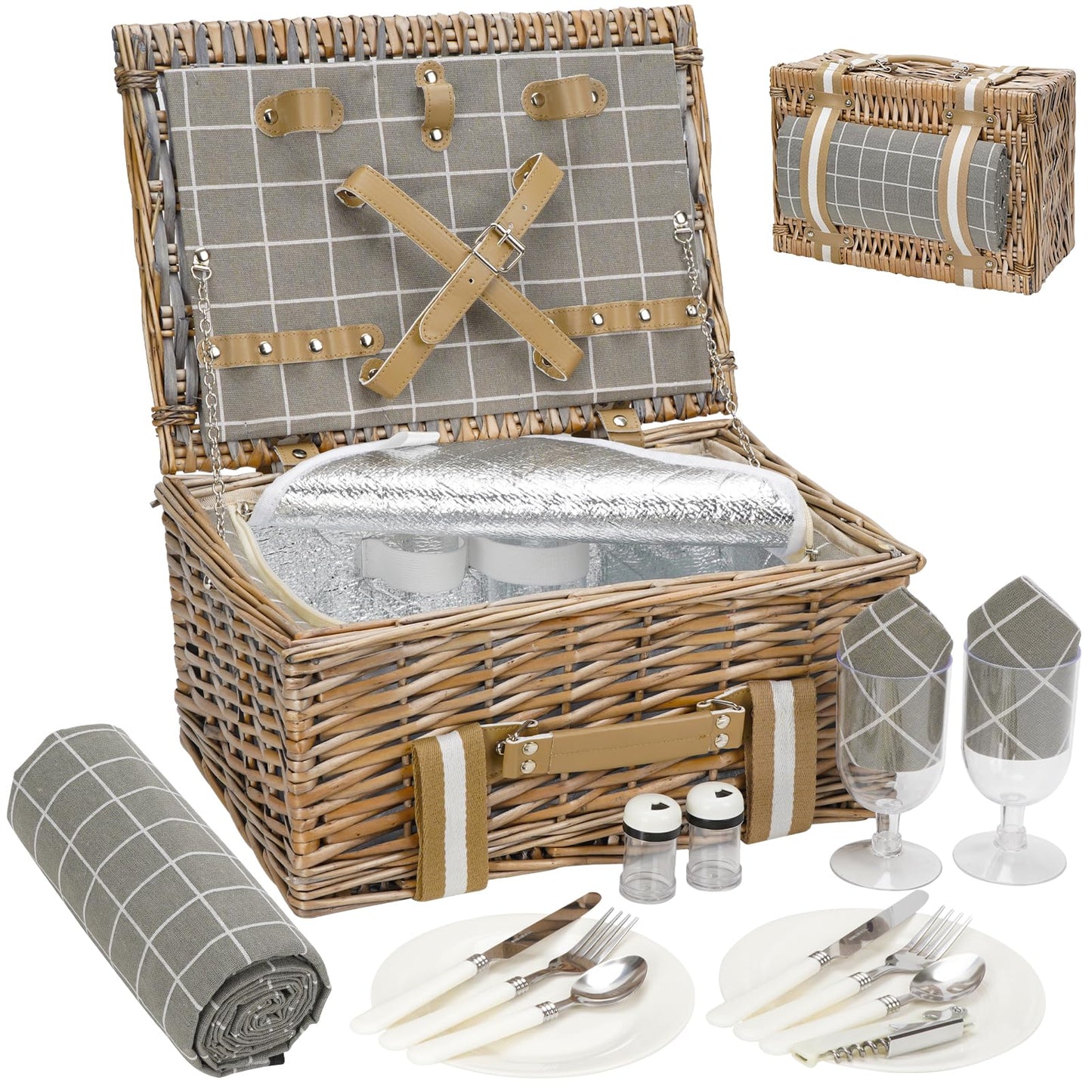 Willow picnic basket for 2 – Willow basket with waterproof picnic blanket | Willow picnic set with insulated cooler | Willow basket with cutlery set | Gift basket for Christmas, Thanksgiving, Gray