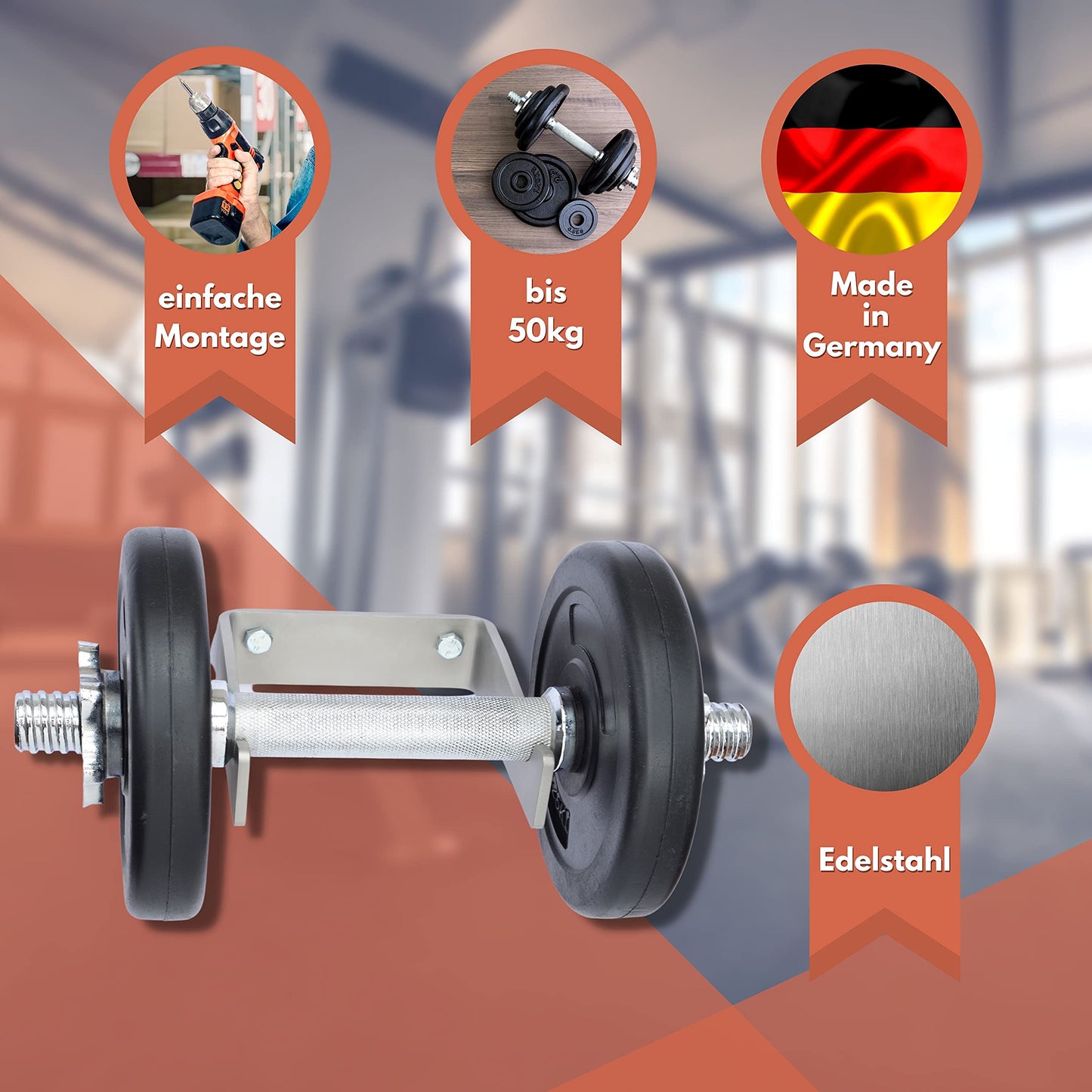 Wall mount for dumbbells | Timelessly beautiful design made of stainless steel | Over 50 kg weight capacity | Suitable for > 90% of all dumbbells | Quality from Germany