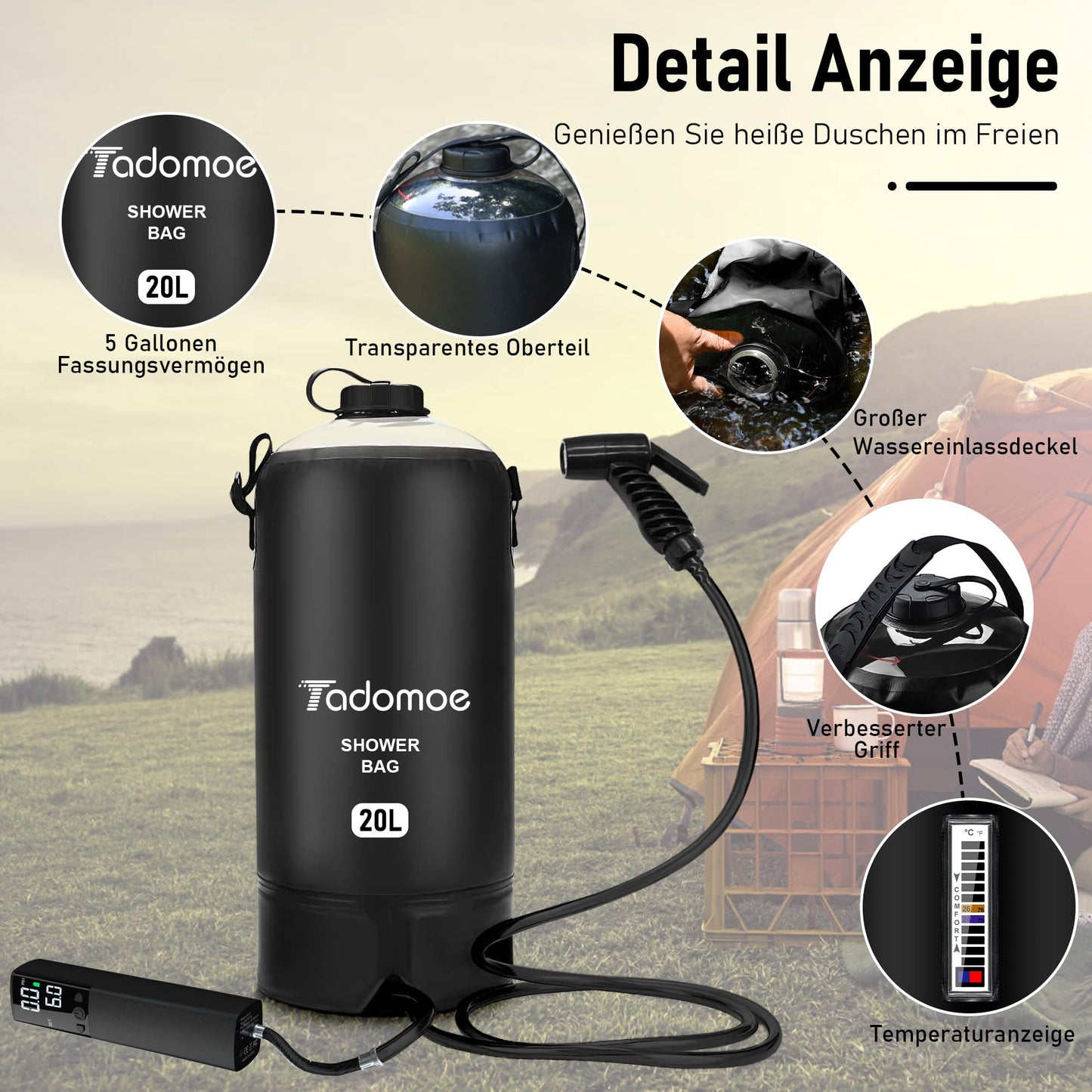 Tadomoe camping shower, 20 liter solar shower with portable shower pump, portable shower camping bag with convenient nozzle, temperature display, hot water solar shower for camping beach hiking travel.