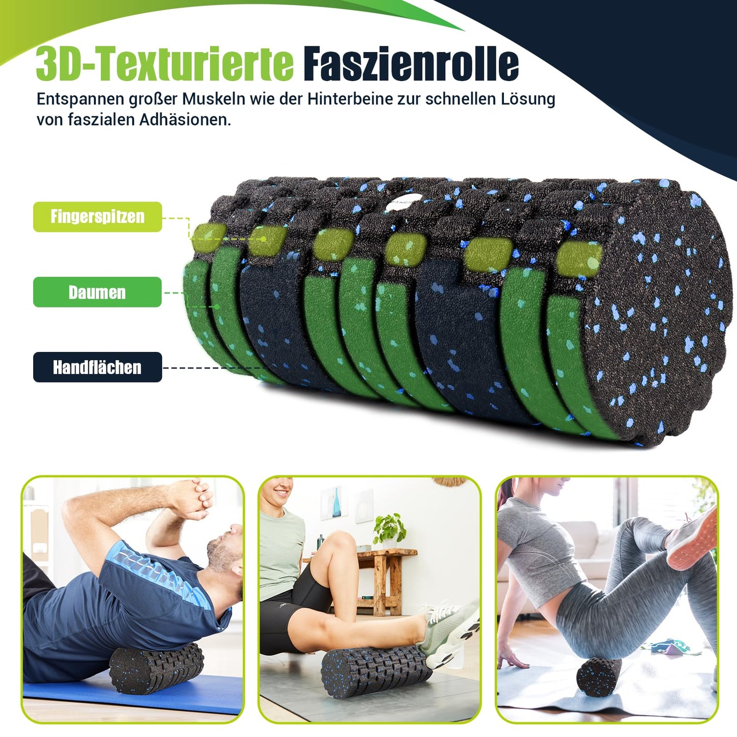 Fascia roller set with 3D texture massage. Includes instructions and poster in German. Carry bag. Yoga fascia set with fascia ball, small fascia roller, duo ball.