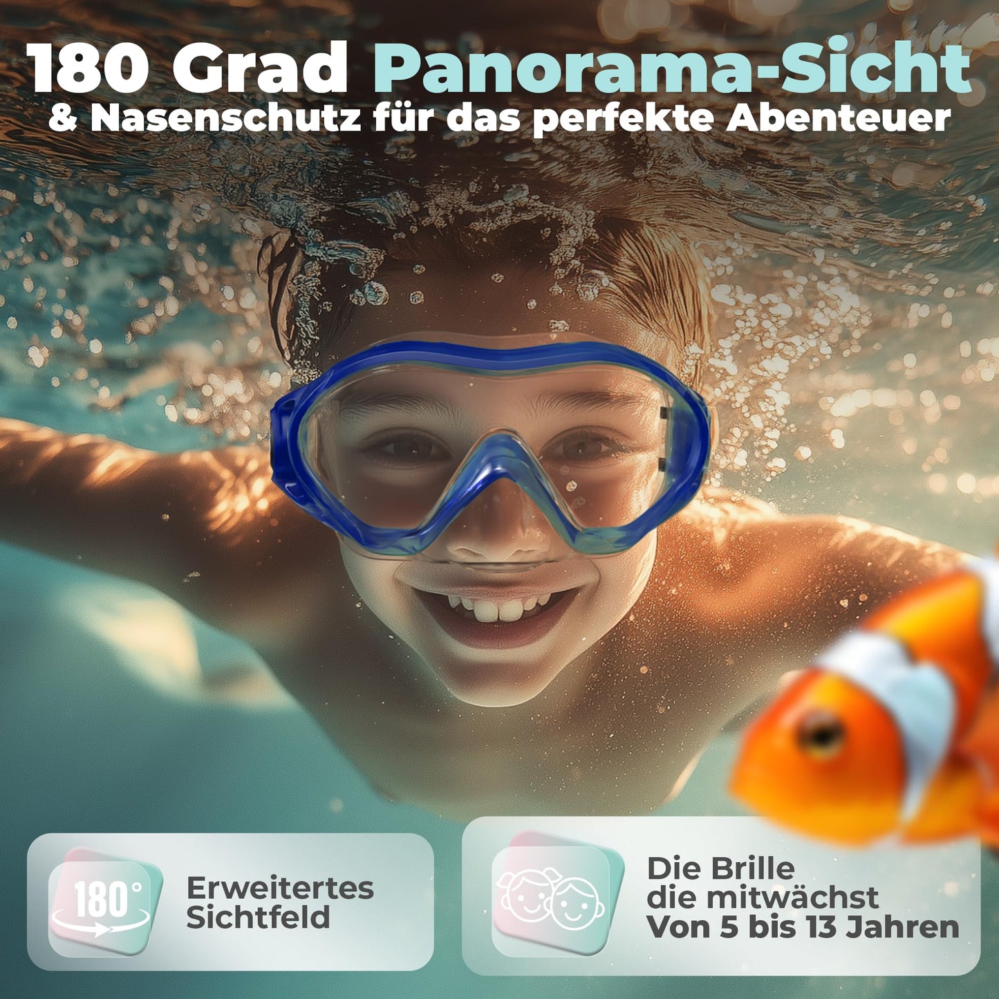 Kidverse Kids Diving Mask with Nose - Panoramic Kids Diving Mask - Swim Goggles with Nose for Girls & Boys - Waterproof Child Diving Mask