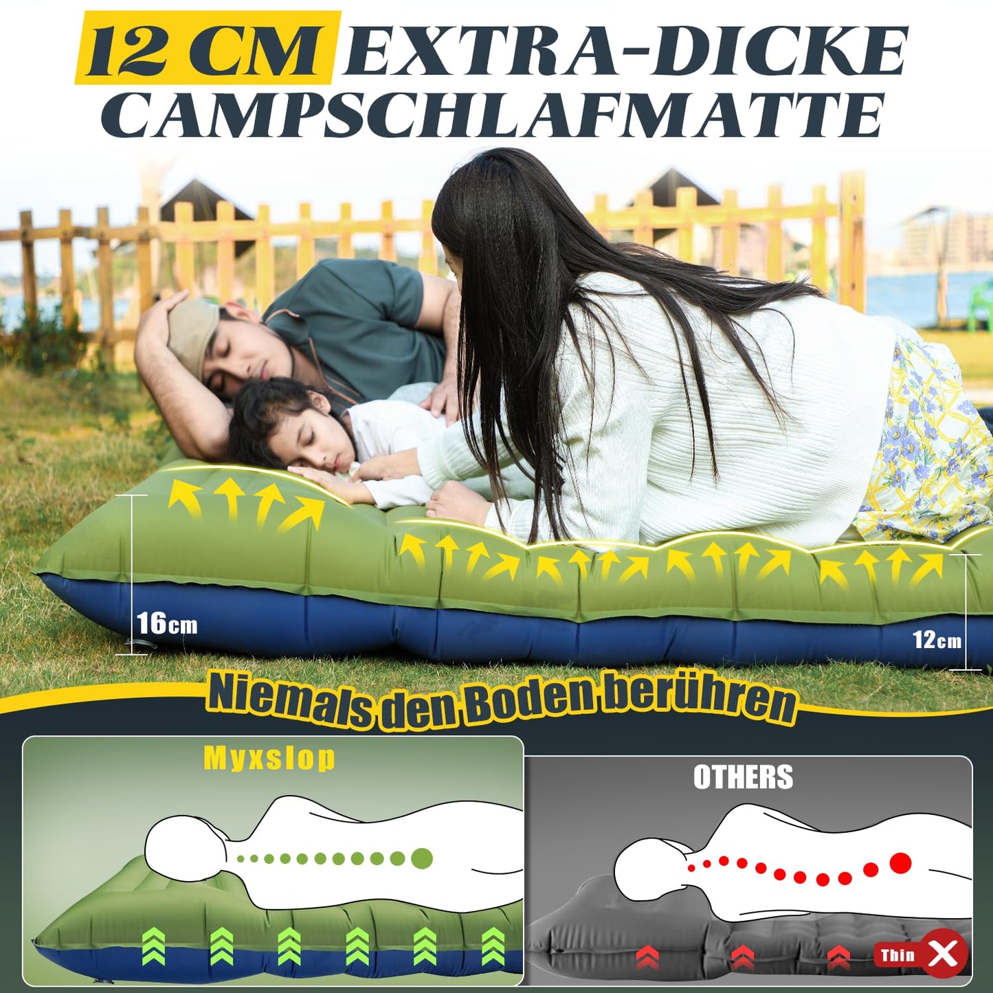 Myxslop self-inflating camping mat, 12CM double mattress, ultralight air mattress sleep mat for 2 people, compact size with foot pump & pillow for travel, outdoor, hiking, tent, beach.