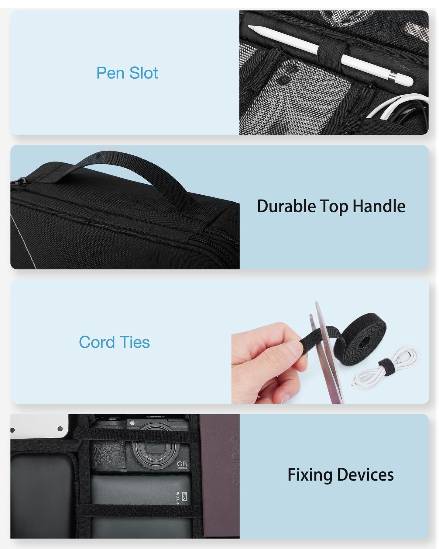 Bagsmart cable bag, double layer electronic organizer travel electronic bag for cables, charger, iPad, iPad Air, tablet up to 10.5 inches, adapter, mouse, SD cards (Black 1)