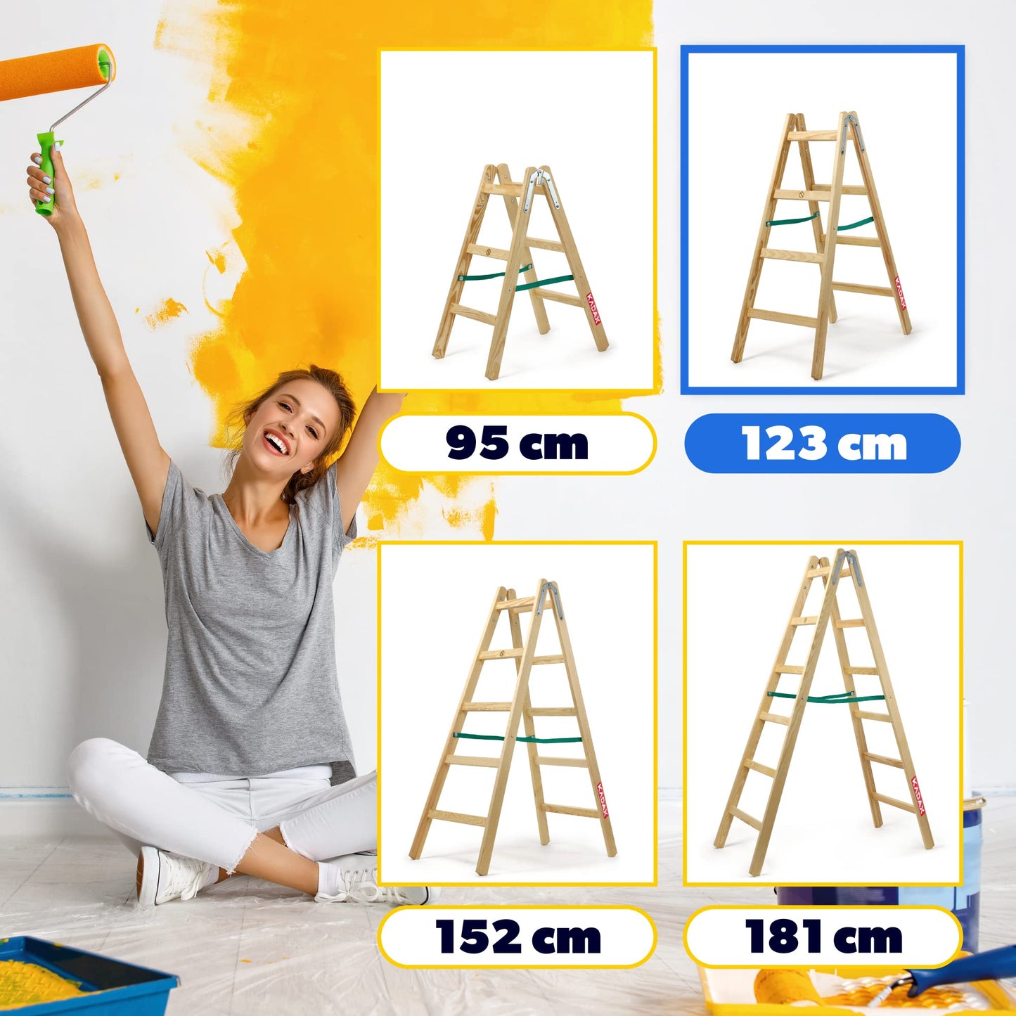 KADAX Wooden Step Ladder, Folding Painter's Ladder with Steel Hooks, Electrician's Ladder, Household Ladder (4 Steps) - Supports up to 150 kg.