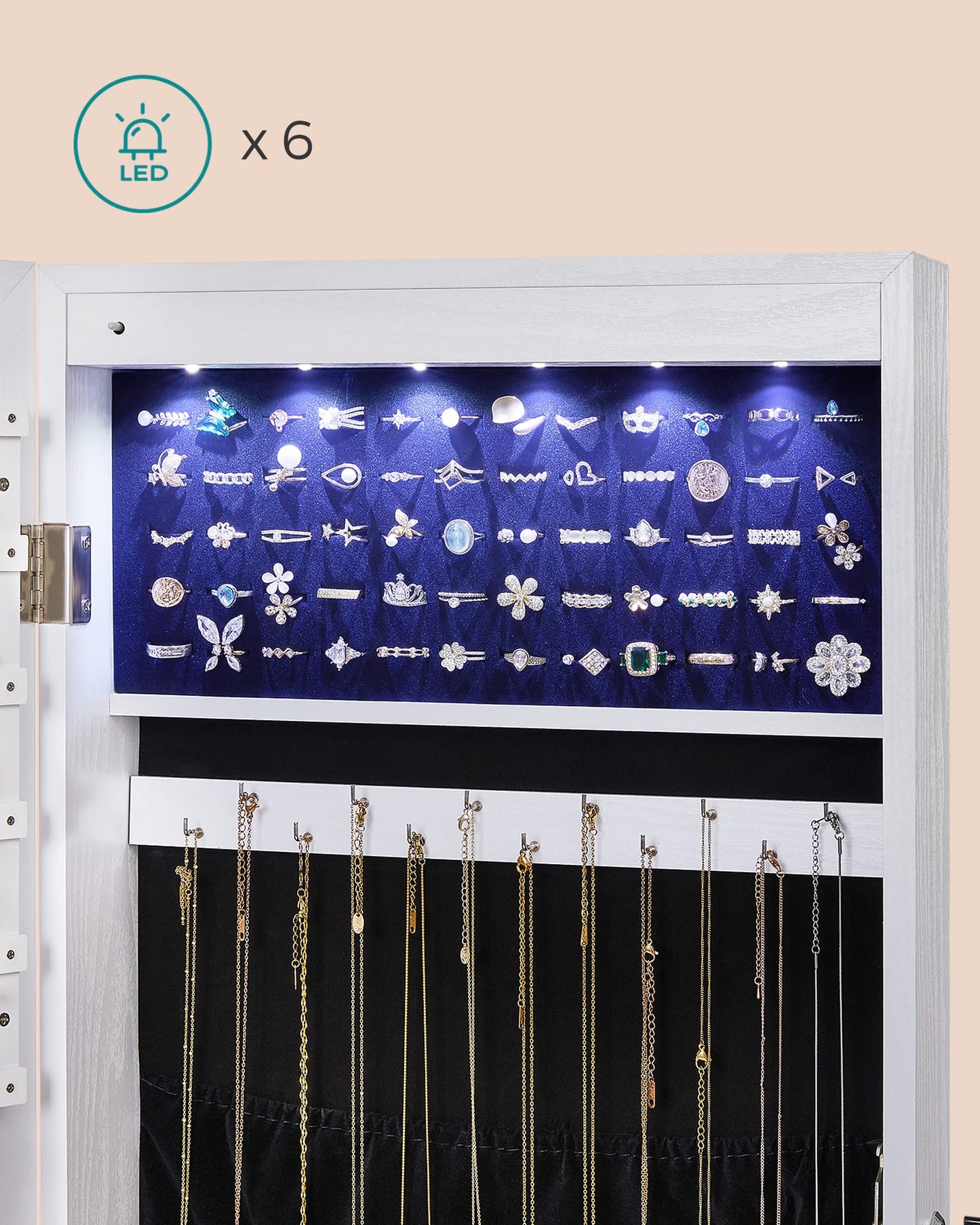 SONGMICS Jewelry Cabinet with Full-Length Mirror, Jewelry Storage with 6 LED Lights, Hang on Door or Mount on Wall, Large Capacity, 2 Drawers, White JJC99WT
