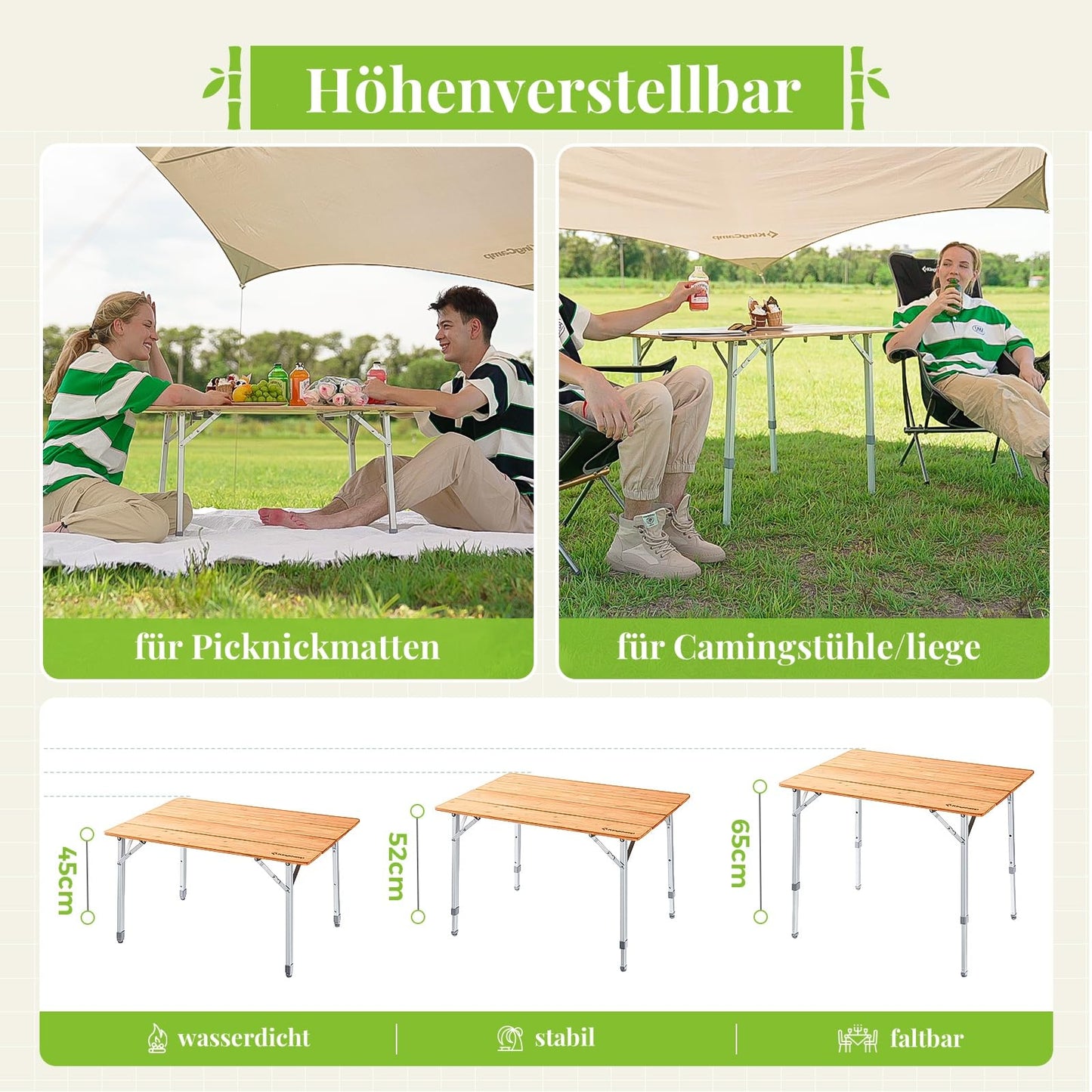 KingCamp camping table bamboo folding table adjustable height for 4-6 people foldable camping table, 4 folds with carrying bag, supports up to 80 kg, 100 x 65 cm, L