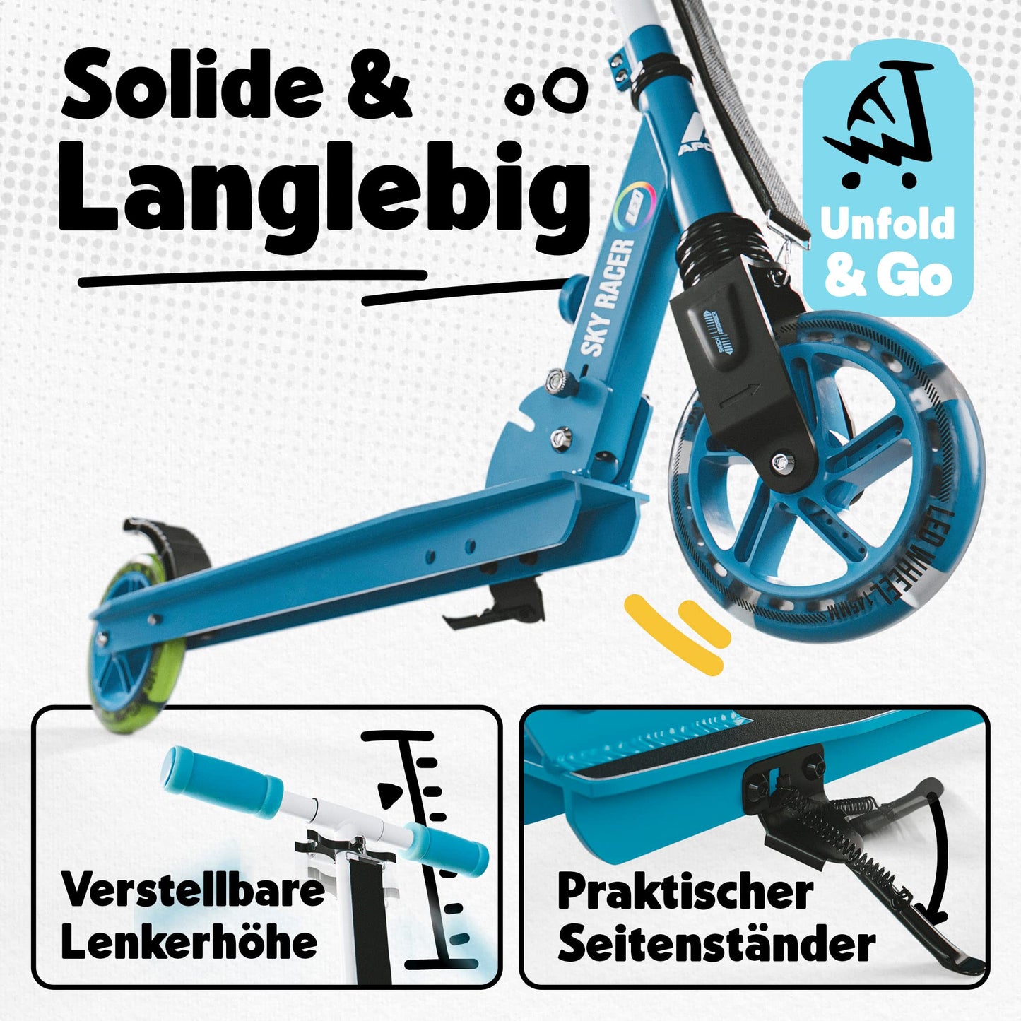 Apollo Skyracer City Scooter with LED light-up wheels | Scooter for kids 6 years and up | City scooter with suspension | Kick scooter for children and teens | foldable and adjustable height