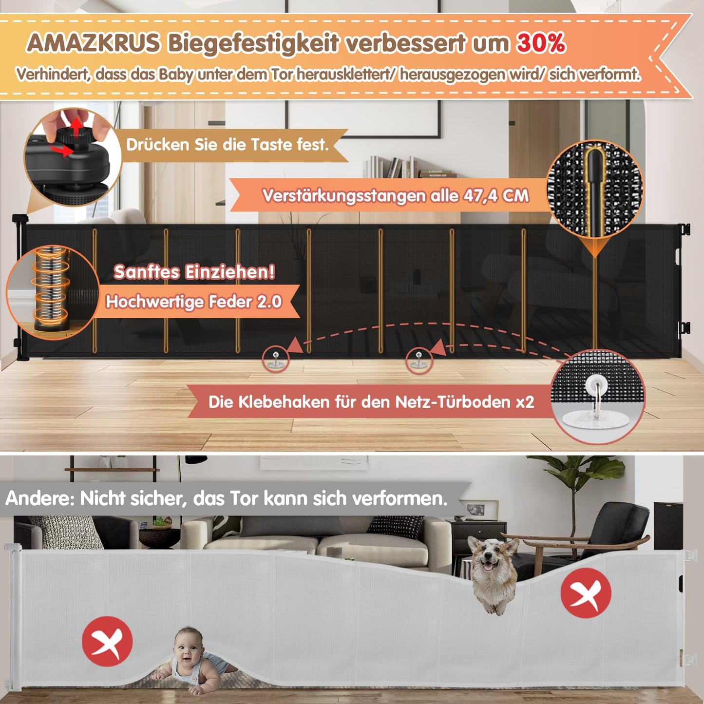 Retractable baby safety gate, 380cm wide, by AMAZKRUS. Ideal for stairs, doors, indoors, and outdoors. Provides protection for children, cats, and dogs.