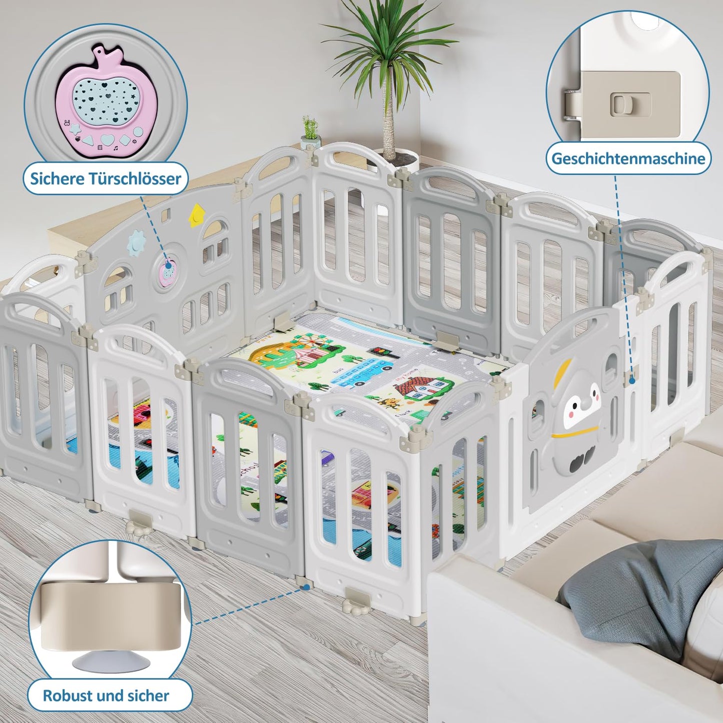 Sunworld Playpen baby playpen Foldable playpen with crawling mat and story box, Baby playpen, Foldable playpen 14-panel safety gate for children made of plastic (Gray white)