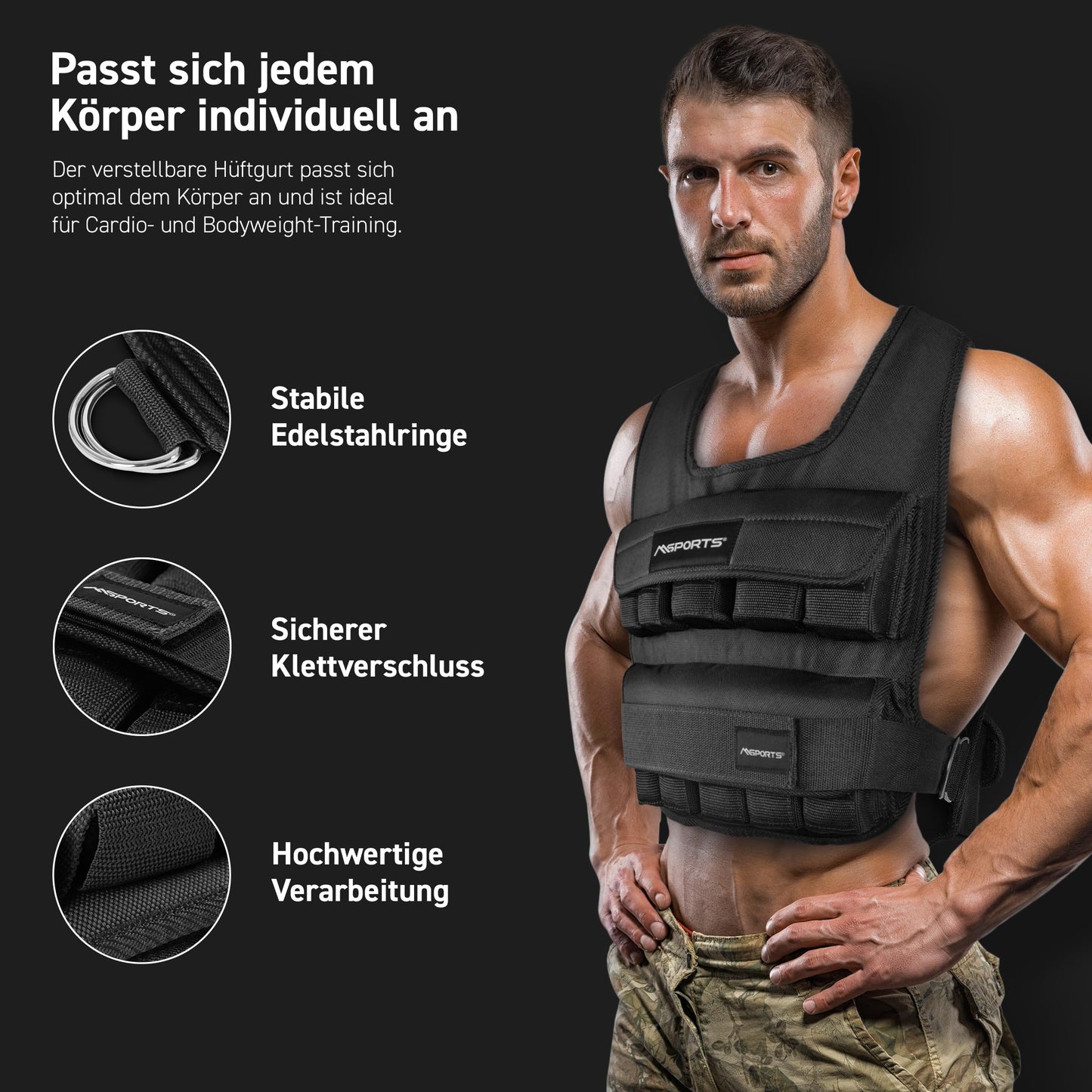MSPORTS Weighted Vest Premium Adjustable from 5 kg - 30 kg | Running Vest for Women Men | Fitness Training Vest Strength Training (10 kg, Black)
