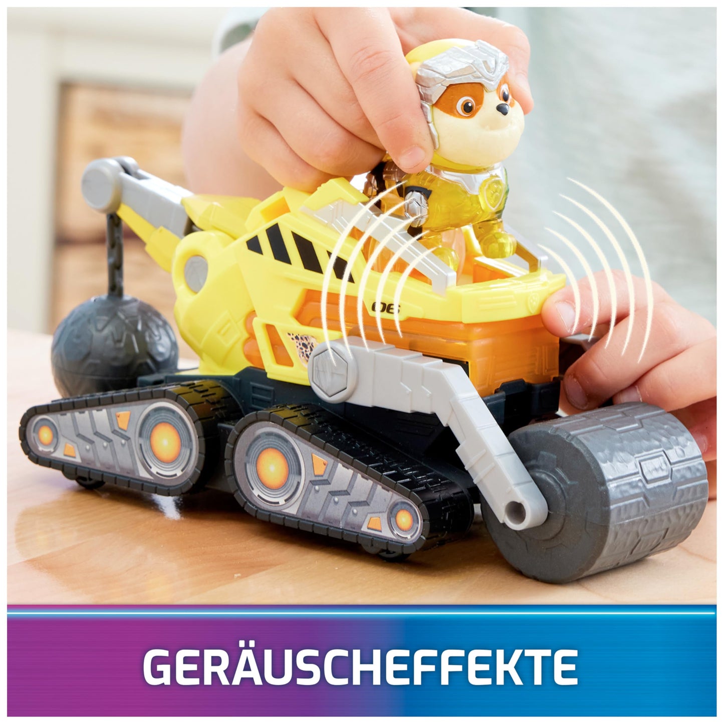 PAW Patrol: The Mighty Movie, superhero base vehicle by Rubble with puppy figure, construction vehicle with light and sound effects, toy suitable for children ages 3 and up.