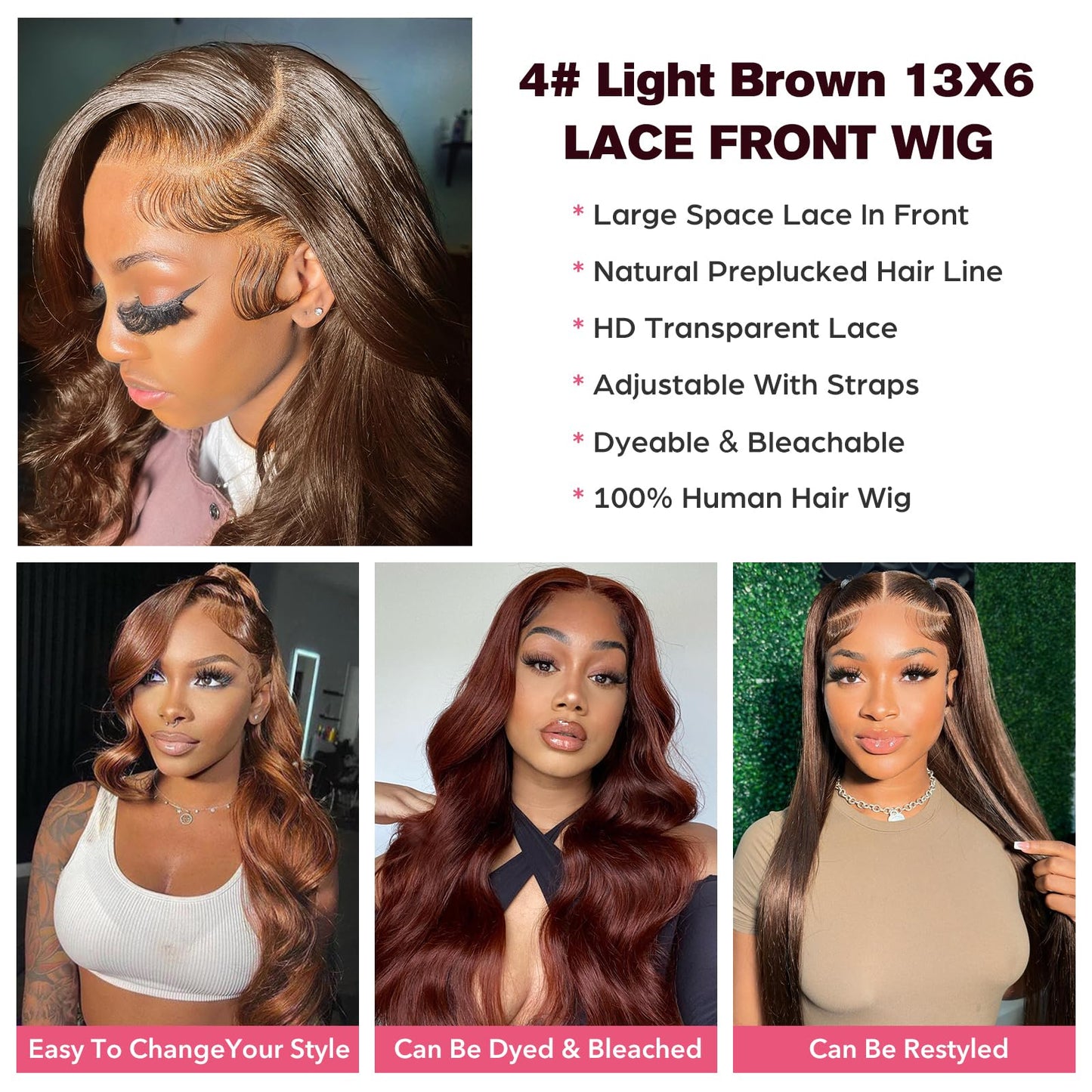 Alionly human hair wig 13x6 Chocolate Brown Body Wave HD Lace Front Wig Pre-plucked Brazilian virgin natural human hair #4 Light Brown Frontal Wigs for Women with Baby Hair 32 Inch