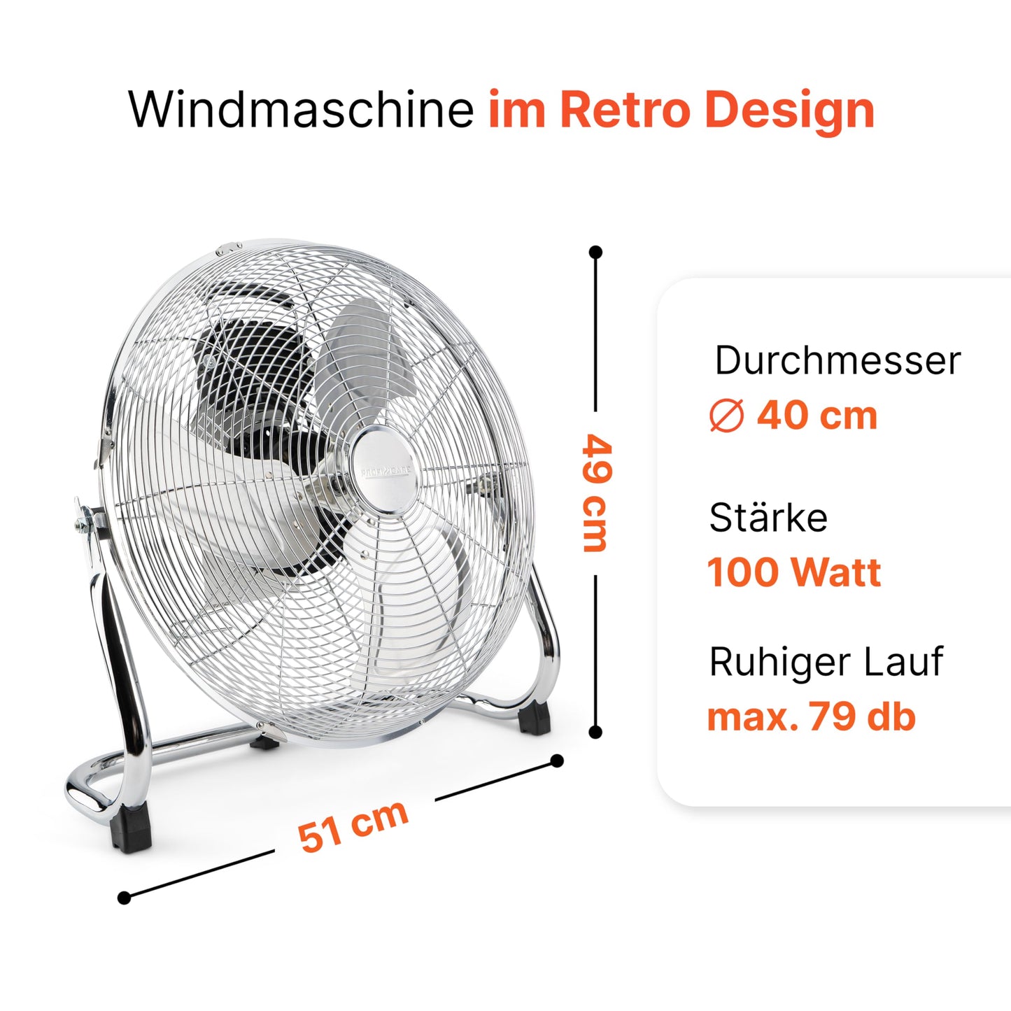 ProfiCare® Wind machine with 40 cm Ø | Fan adjustable angle | Floor fan 3 speeds | Metal fan quiet | Air cooler | Stand fan | Room cooler | PC-VL 3065 WM chrome