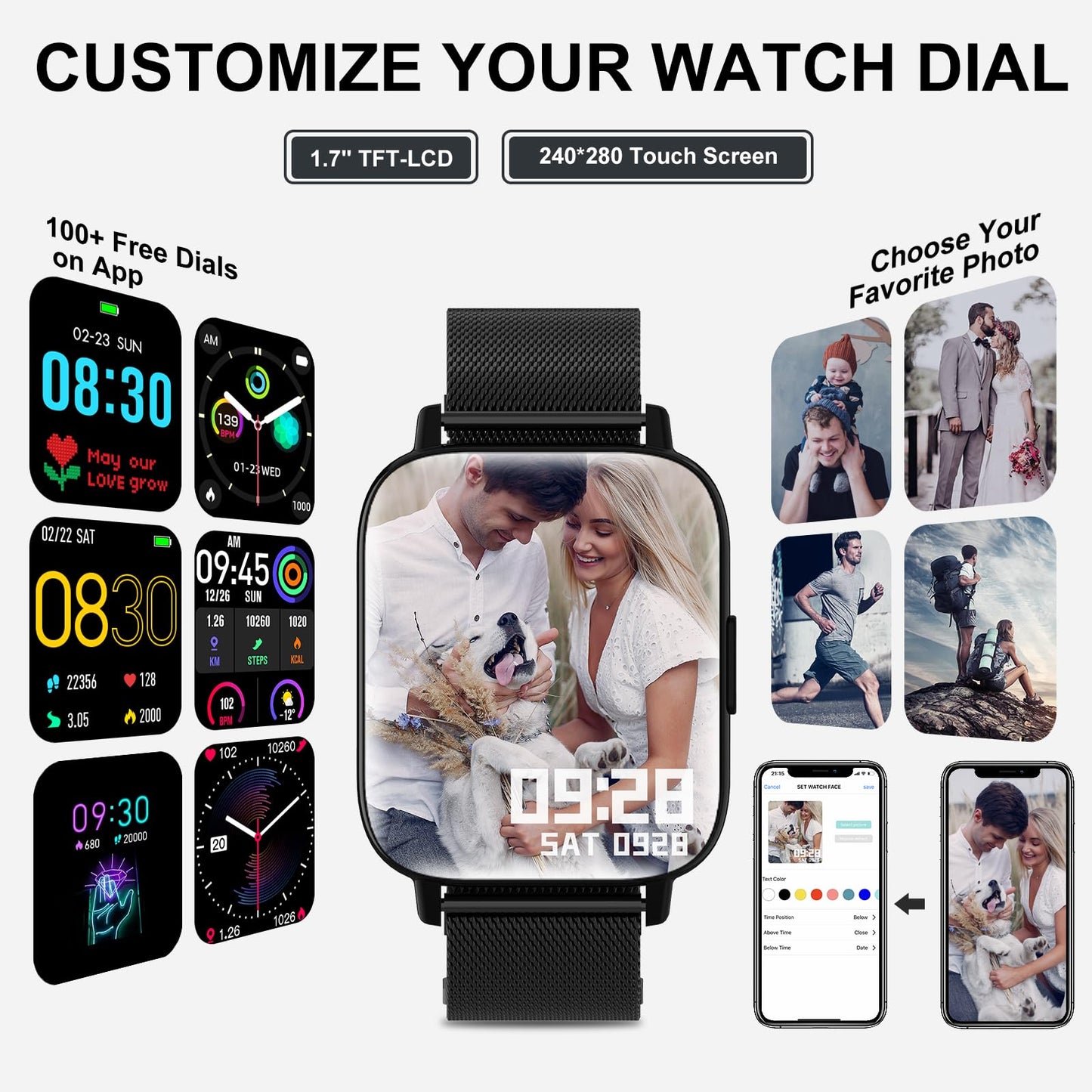 Erkwei smartwatch for women with bluetooth calls 1.69 inch fitness watch women heart rate monitor sleep monitor pedometer SpO2 fitness tracker pedometer calories music control