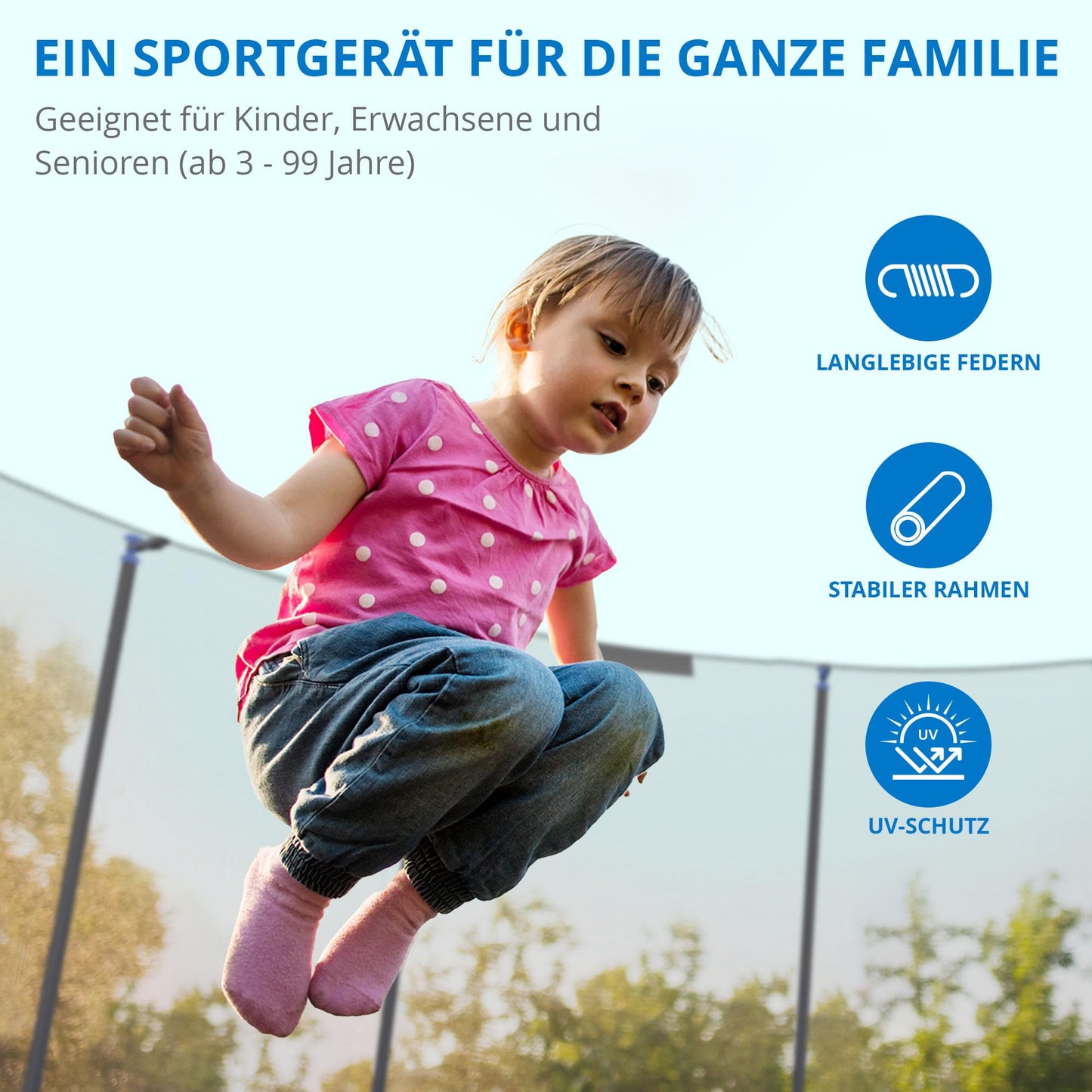 KINETIC SPORTS Trampoline Outdoor 'Salto Plus' Ø 183/244/305/366/400/430/490 cm - Complete Set for Kids, USA Jumping Mat, Net, Padding, Ladder - up to 160kg.