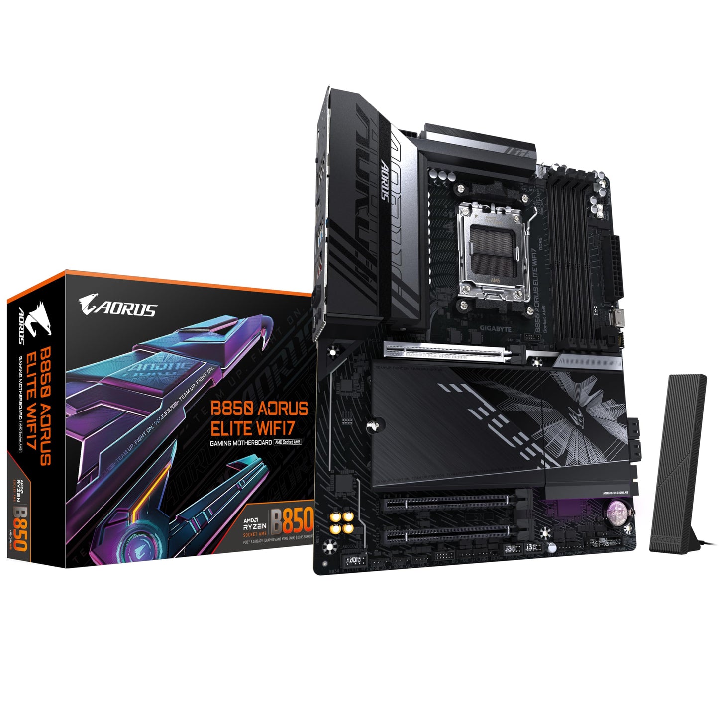 GIGABYTE B850 AORUS Elite WIFI7 Motherboard - AMD Ryzen 9000 Series CPUs, 14+2+2 phase digital VRM, up to 8200MHz DDR5 (OC), 1xPCIe 5.0 + 2xPCIe 4.0 M.2, 2.5 LAN, WiFi 7, USB 3.2 Gen 2x2