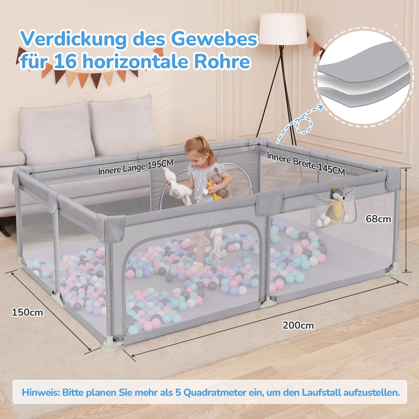 Dripex Playpen Baby 150x200cm, Playard Baby, Playpen with breathable mesh, Playard 300D Oxford Fabric, Playpen, baby playpen, Large Safety Playground, Gray