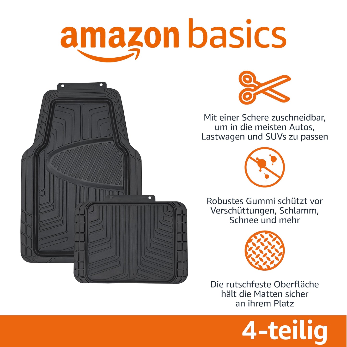 Amazon Basics 4-Piece All-Season Rubber Car Floor Mats for Cars, SUVs, and Trucks, Black