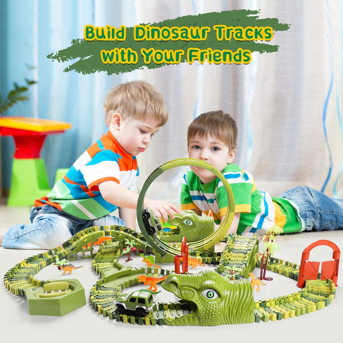 Burgkidz Dinosaur Race Track Play Vehicles Toy Set, 387 Pieces of Flexible Dino Tracks with 360 Loop and Car Turntable Playset, 2 Race Cars, Gift for Kids 3+ years old.